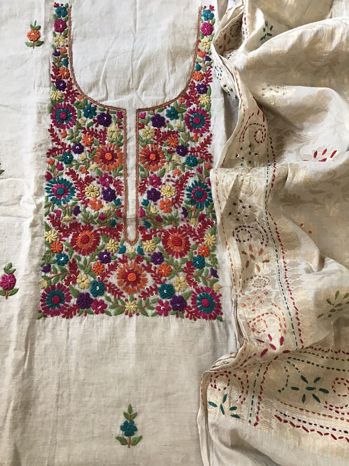 Soft Slub Chanderi Embroidered Suit - Beige