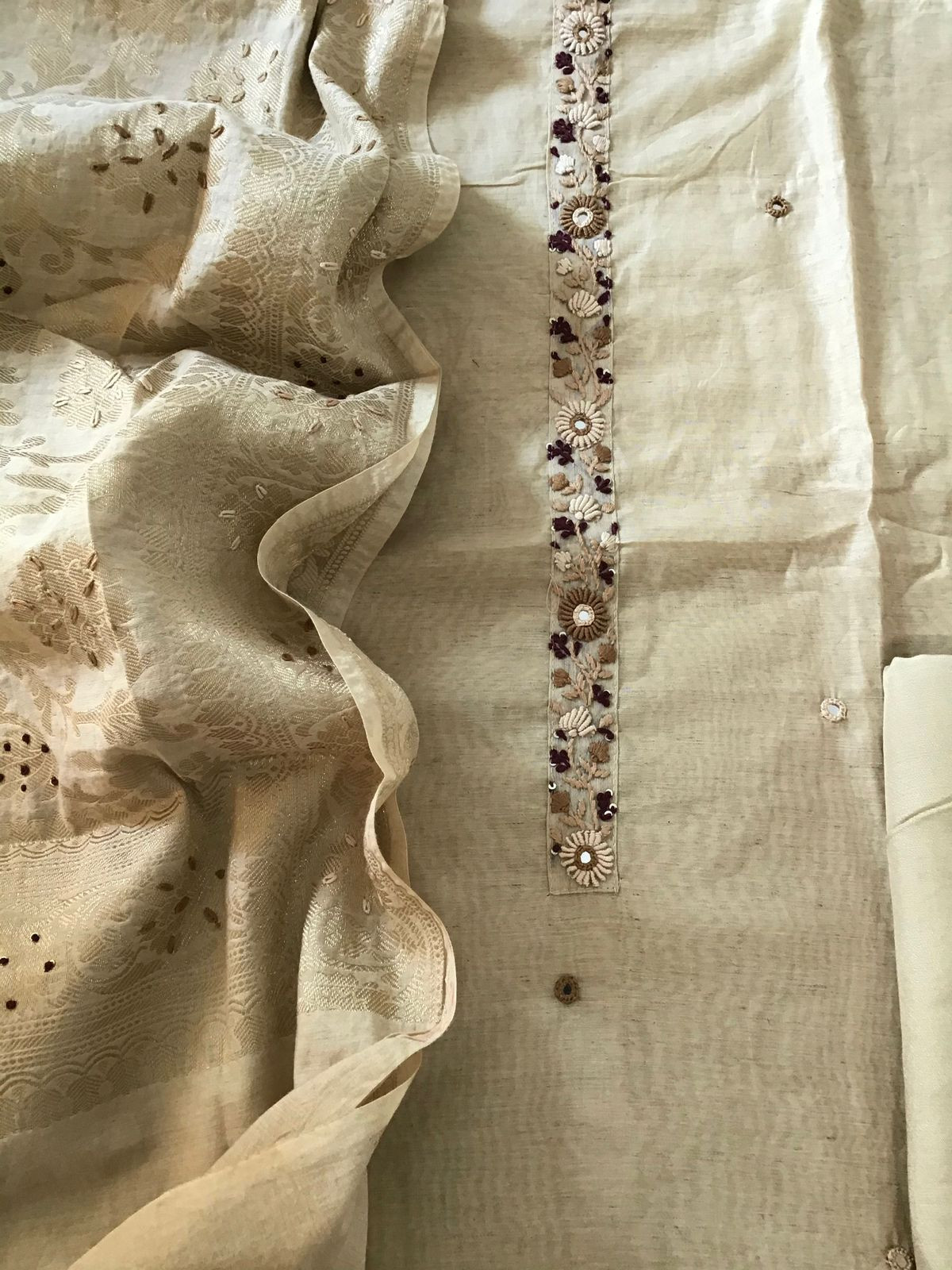 Soft Slub Chanderi Embroidered Suit - Beige