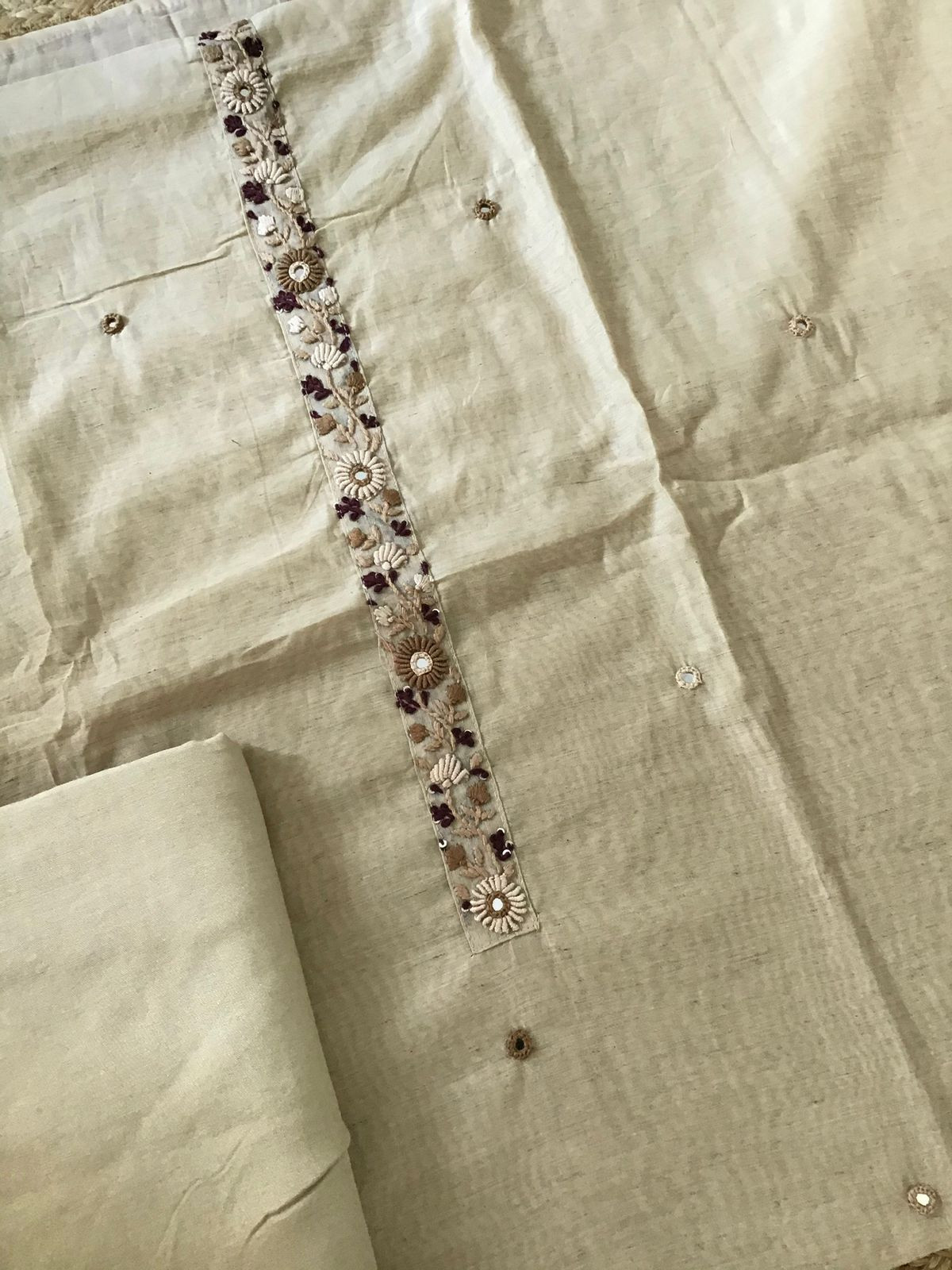 Soft Slub Chanderi Embroidered Suit - Beige