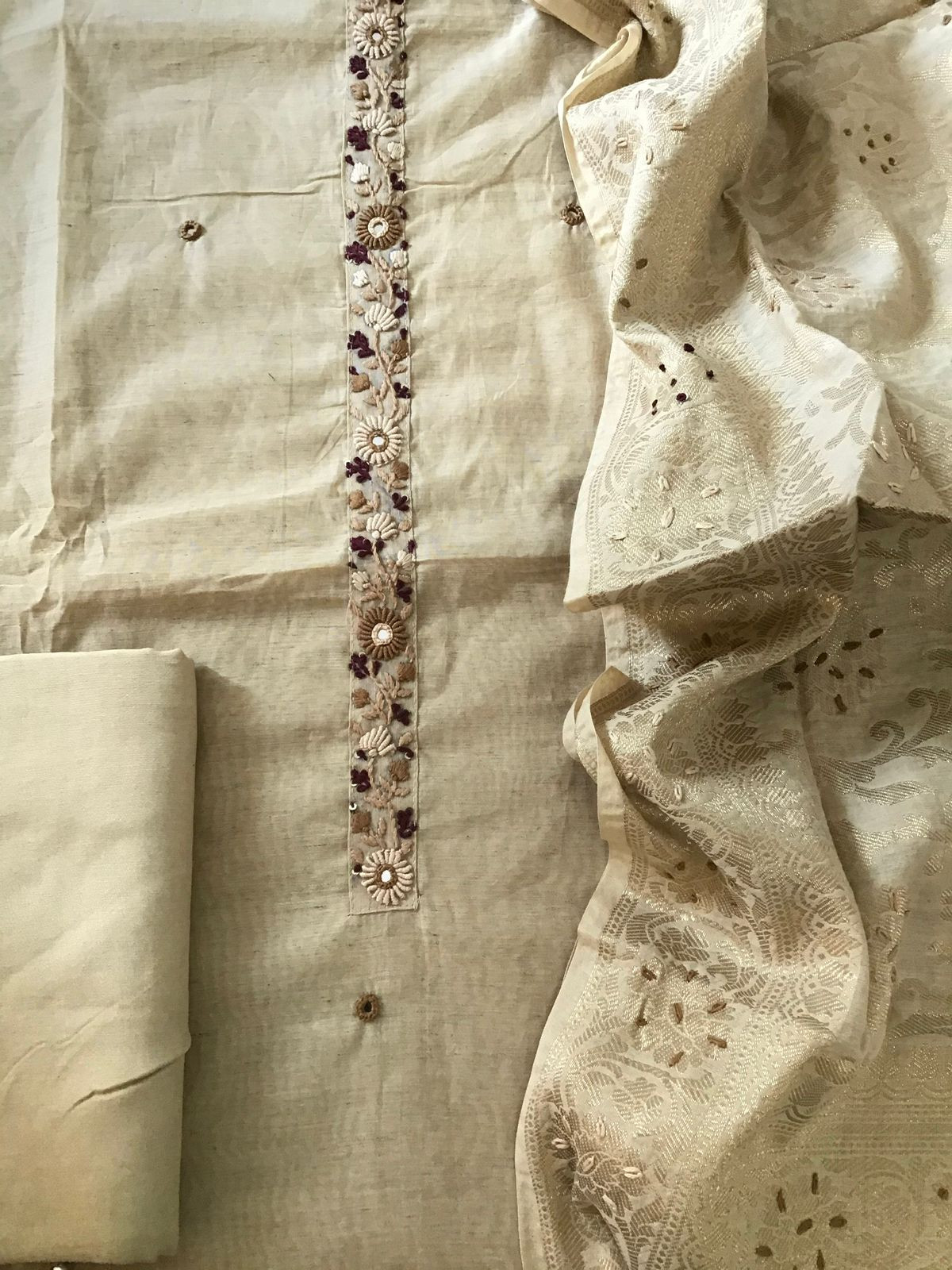 Soft Slub Chanderi Embroidered Suit - Beige