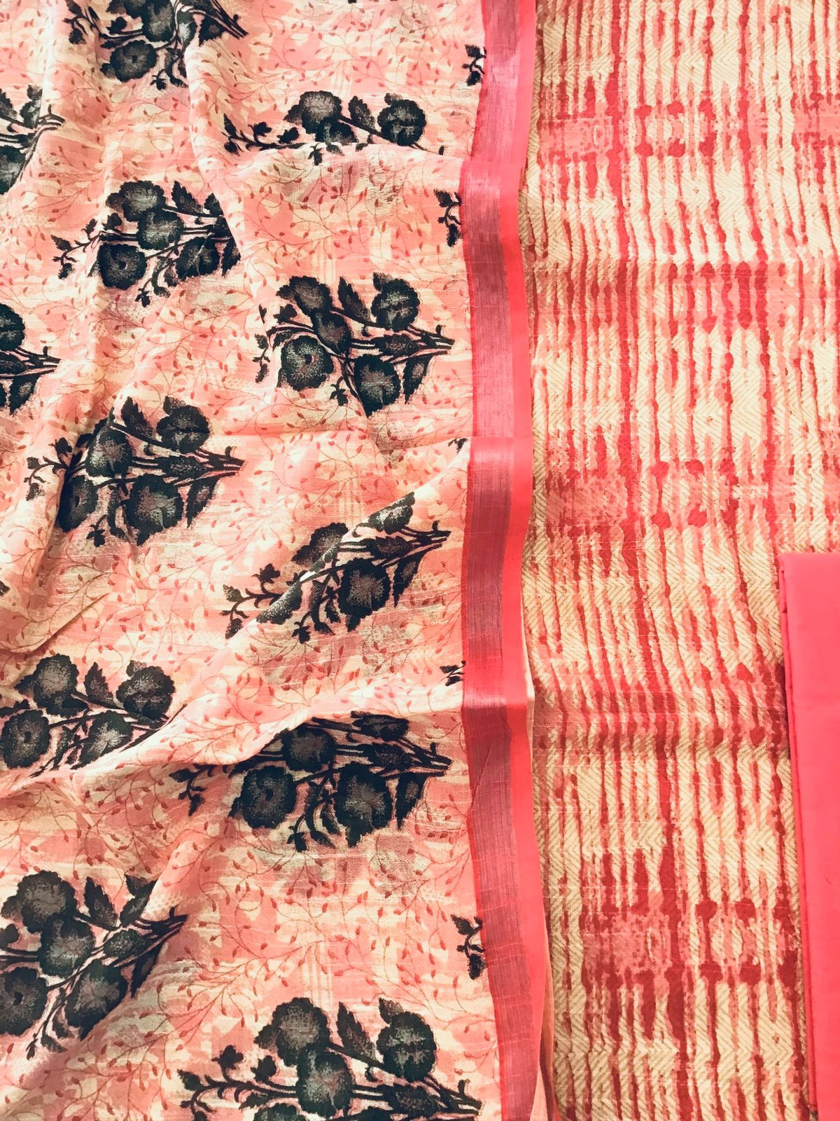 Pure Linen Jute Cotton Silk Printed Suit - Pink