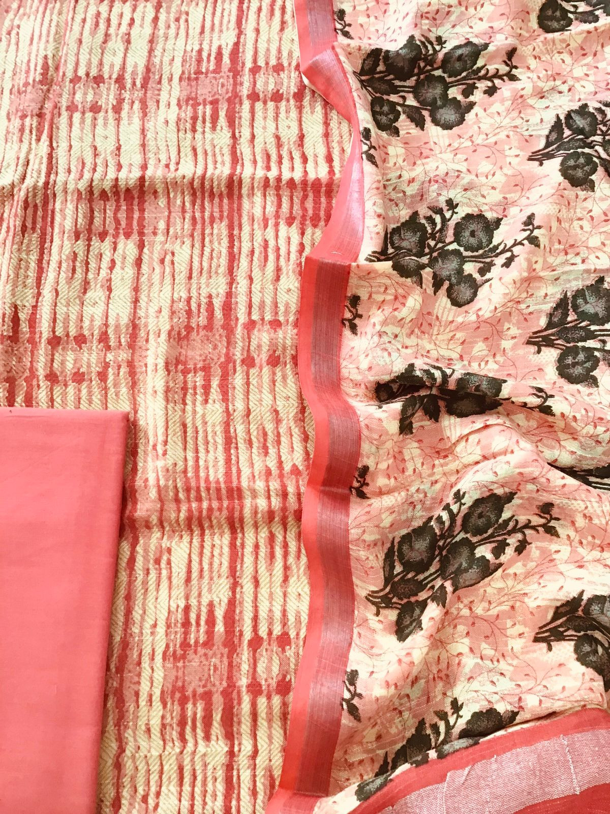 Pure Linen Jute Cotton Silk Printed Suit - Pink