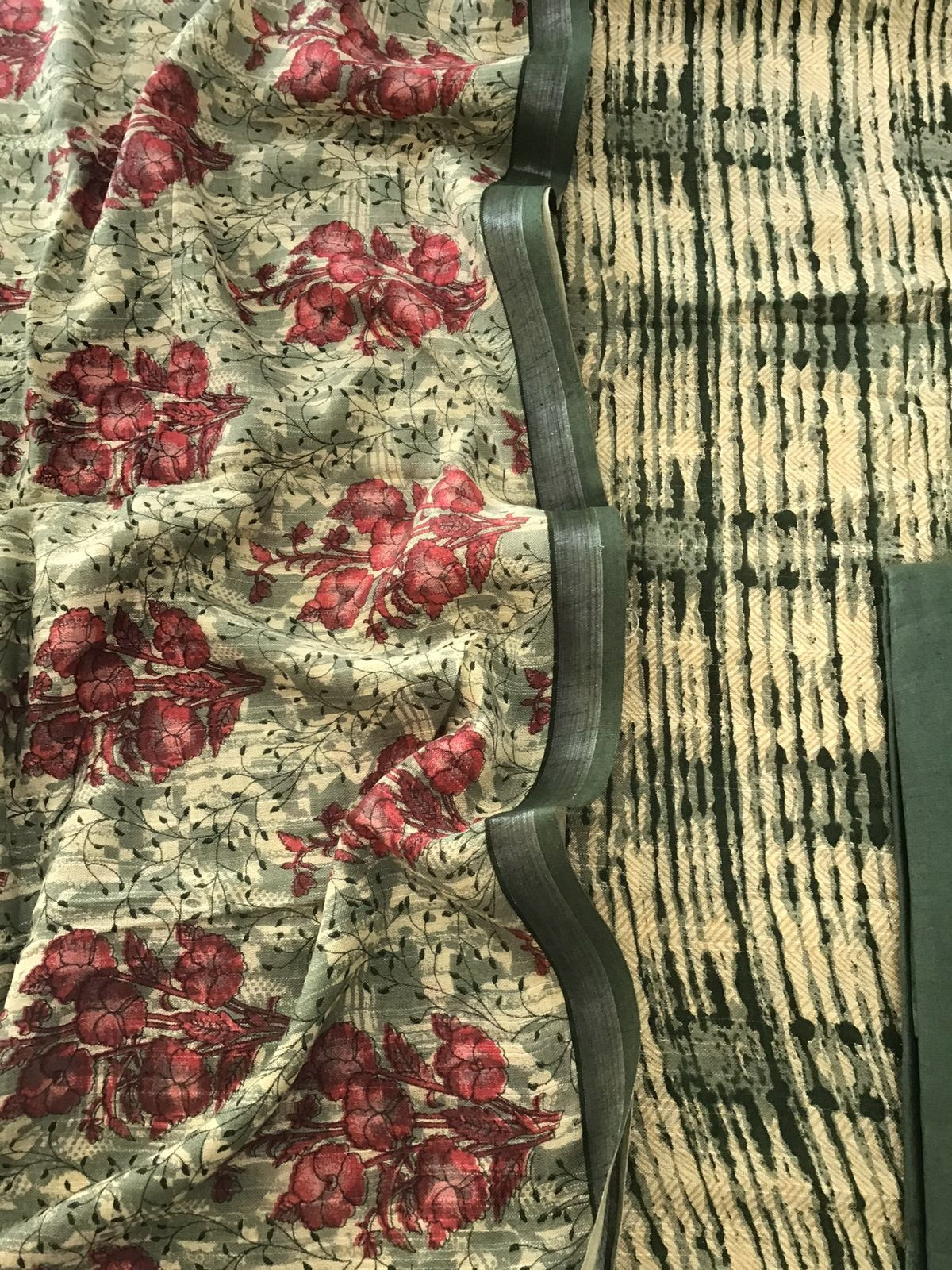 Pure Linen Jute Cotton Silk Printed Suit - Green