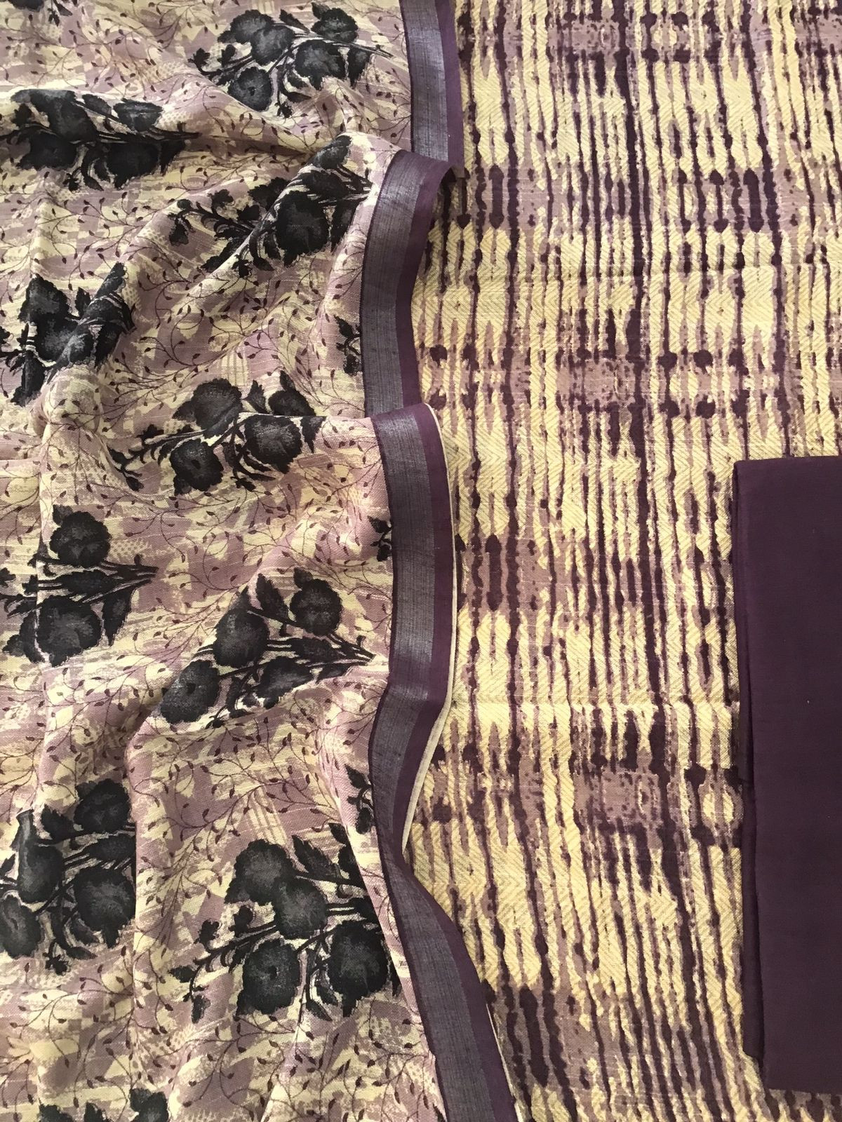 Pure Linen Jute Cotton Silk Printed Suit - Purple