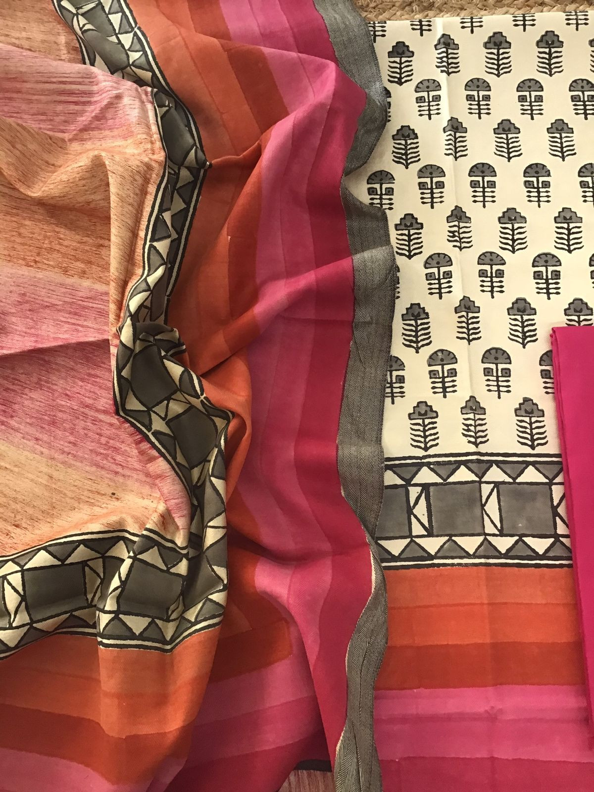 Soft Woollen Spun Silk Printed Suit - Cream