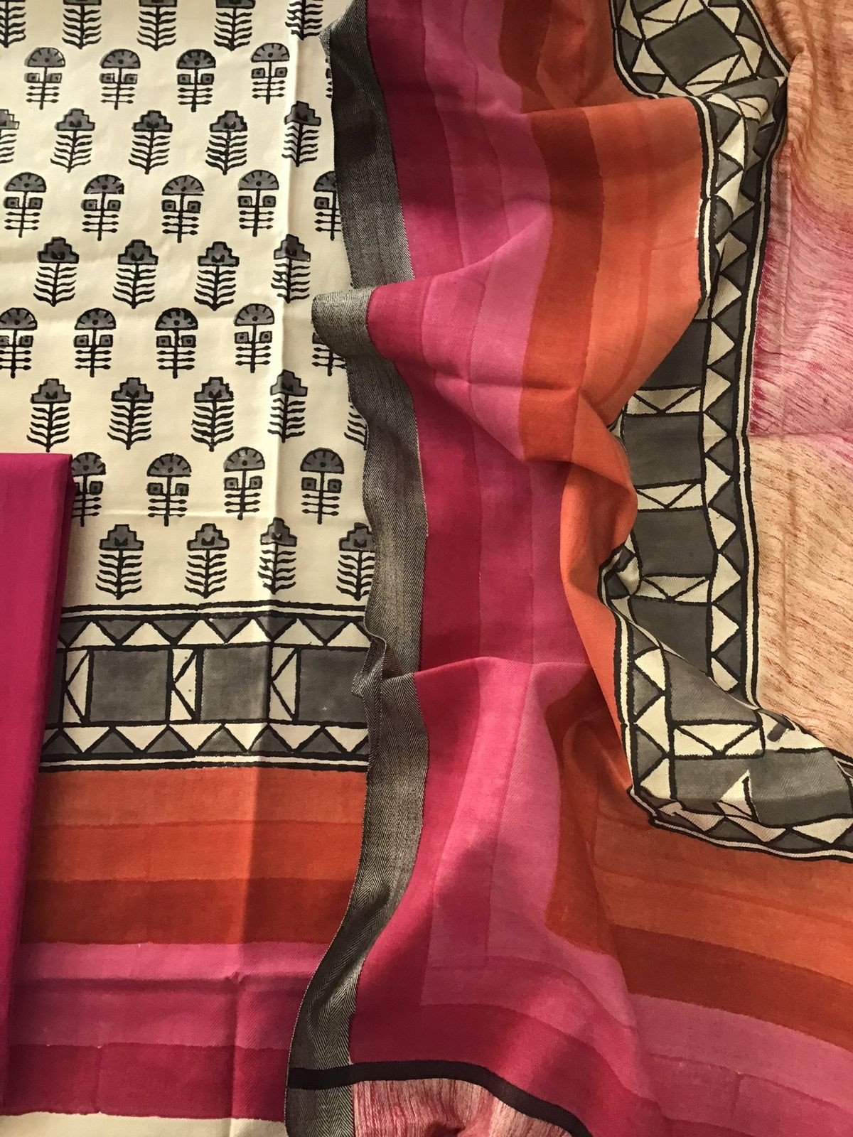 Soft Woollen Spun Silk Printed Suit - Cream