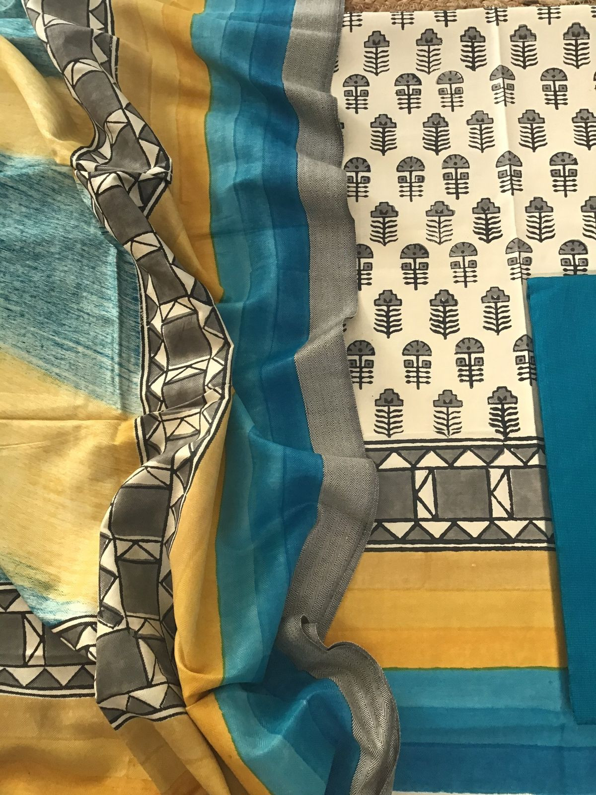 Soft Woollen Spun Silk Printed Suit - Cream