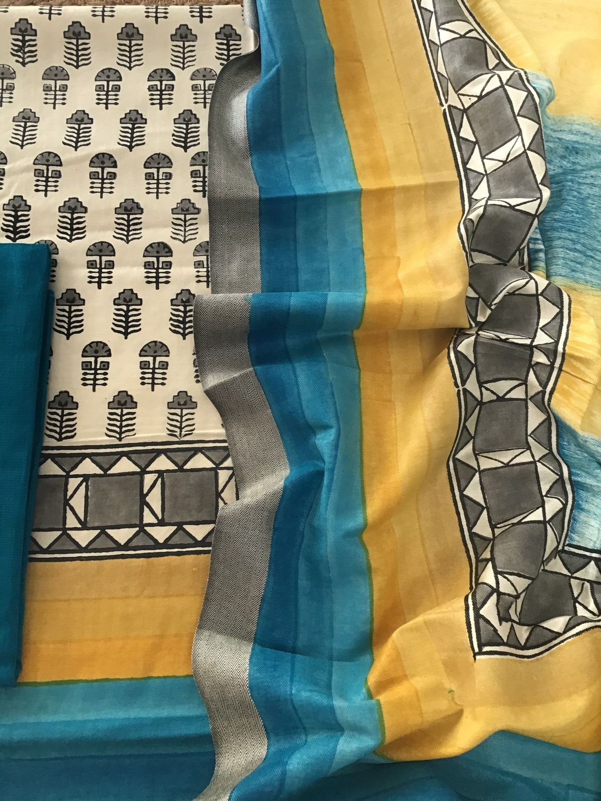 Soft Woollen Spun Silk Printed Suit - Cream