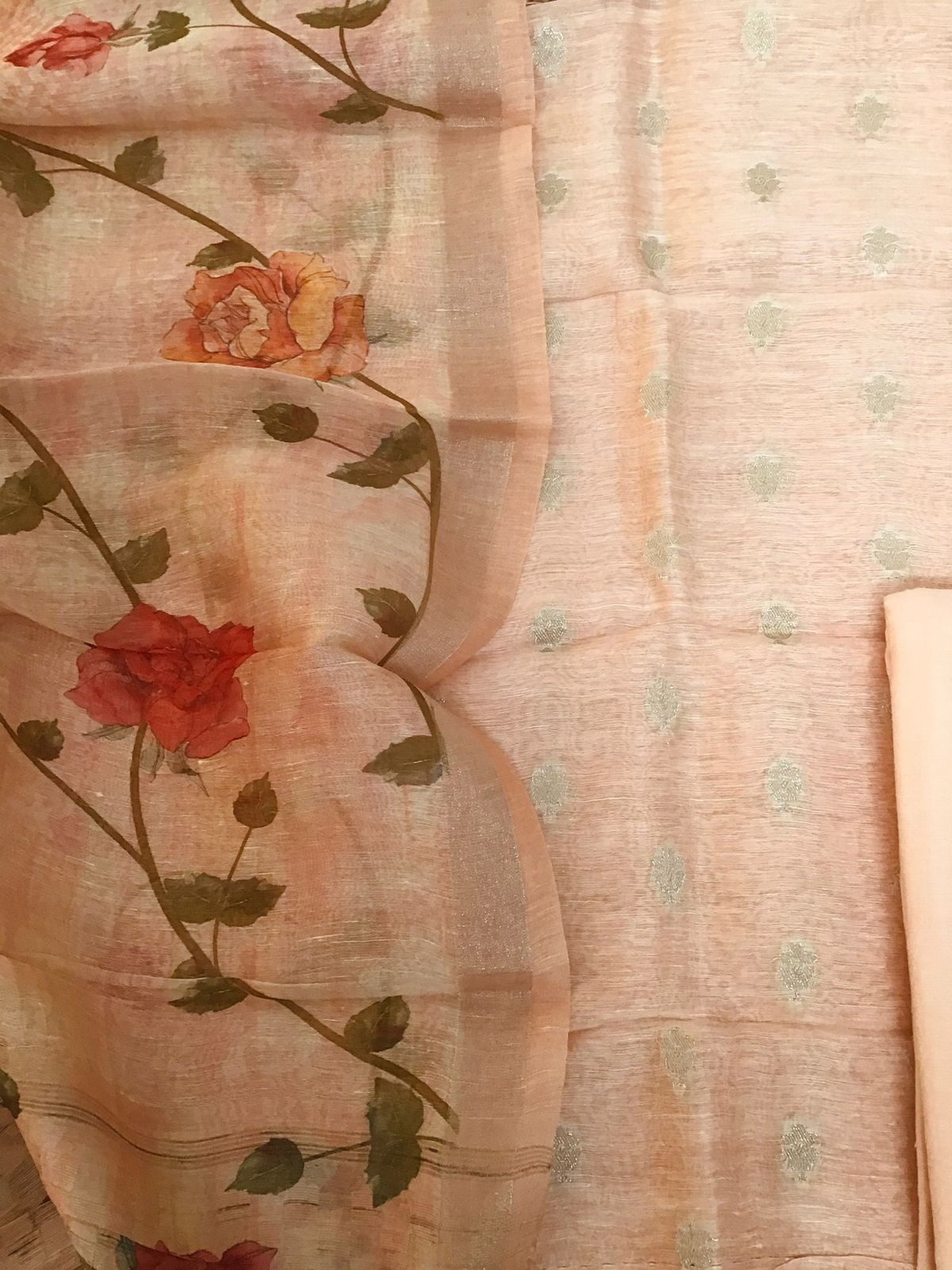 Pure Linen Silk Printed Banarasi Weaved Suit - Peach
