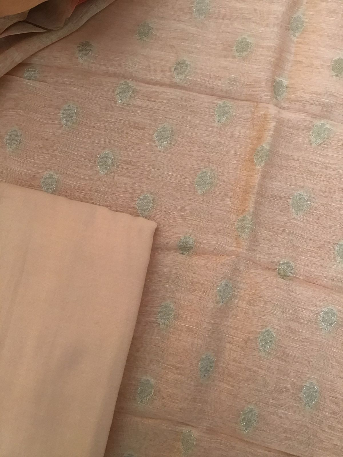 Pure Linen Silk Printed Banarasi Weaved Suit - Peach