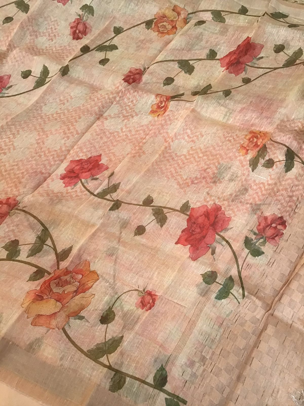 Pure Linen Silk Printed Banarasi Weaved Suit - Peach