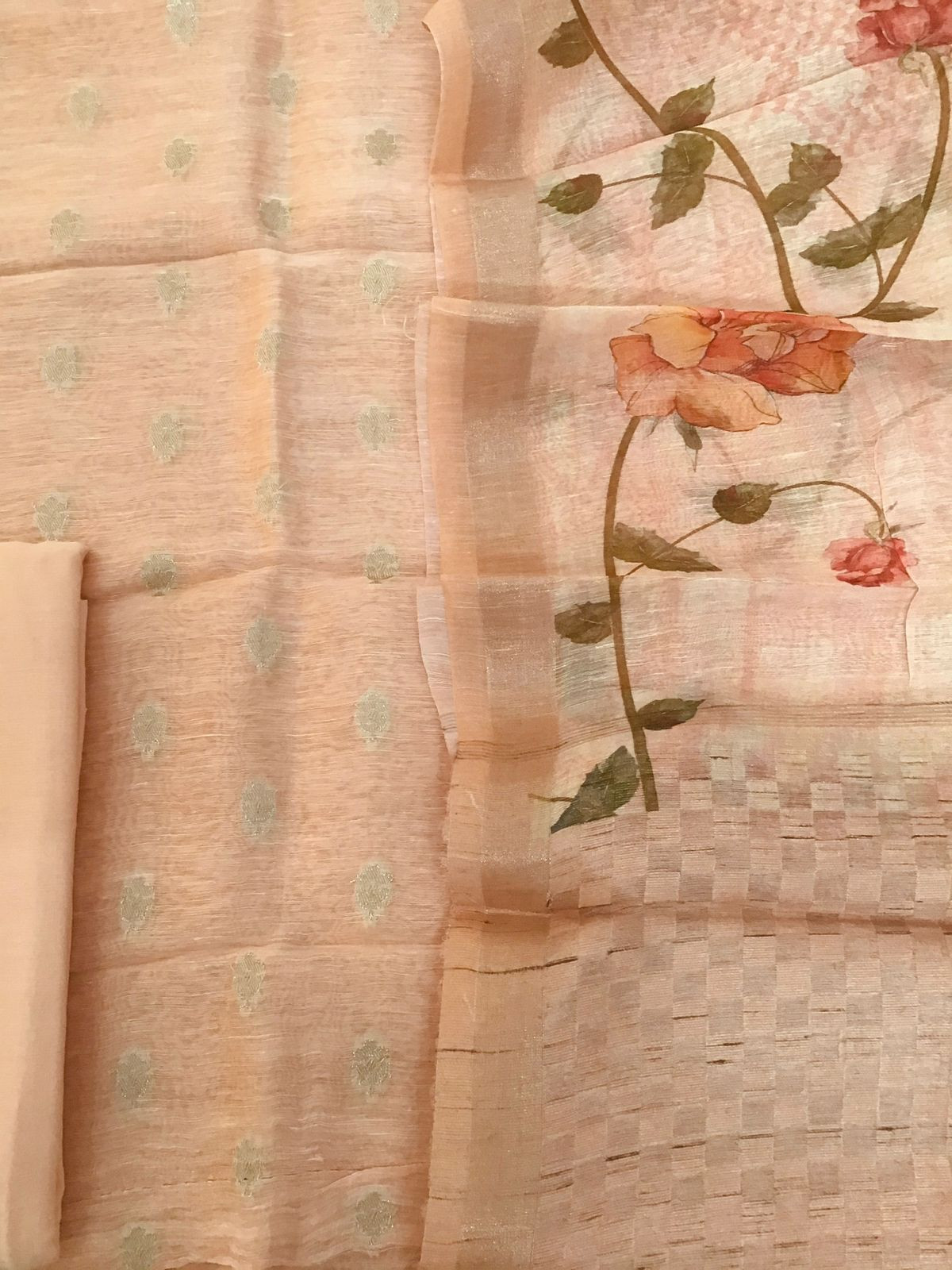 Pure Linen Silk Printed Banarasi Weaved Suit - Peach