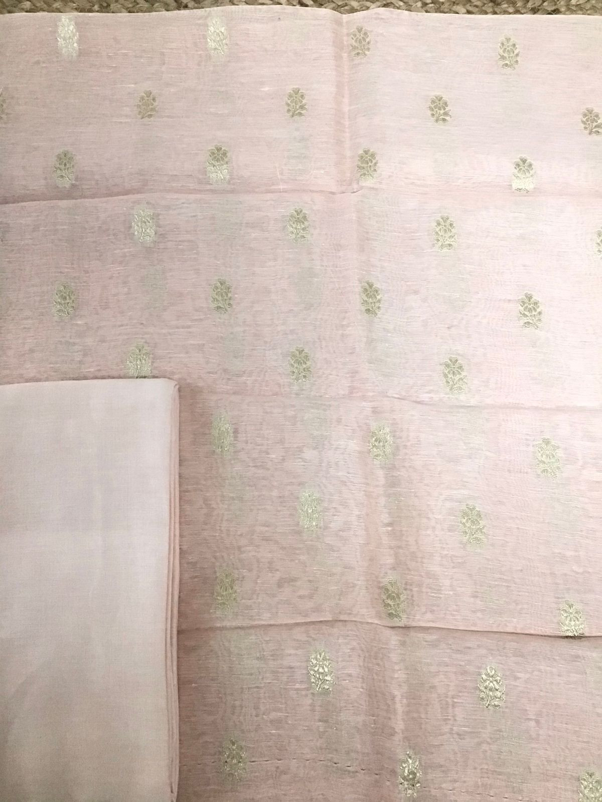 Pure Linen Silk Printed Banarasi Weaved Suit - Pink