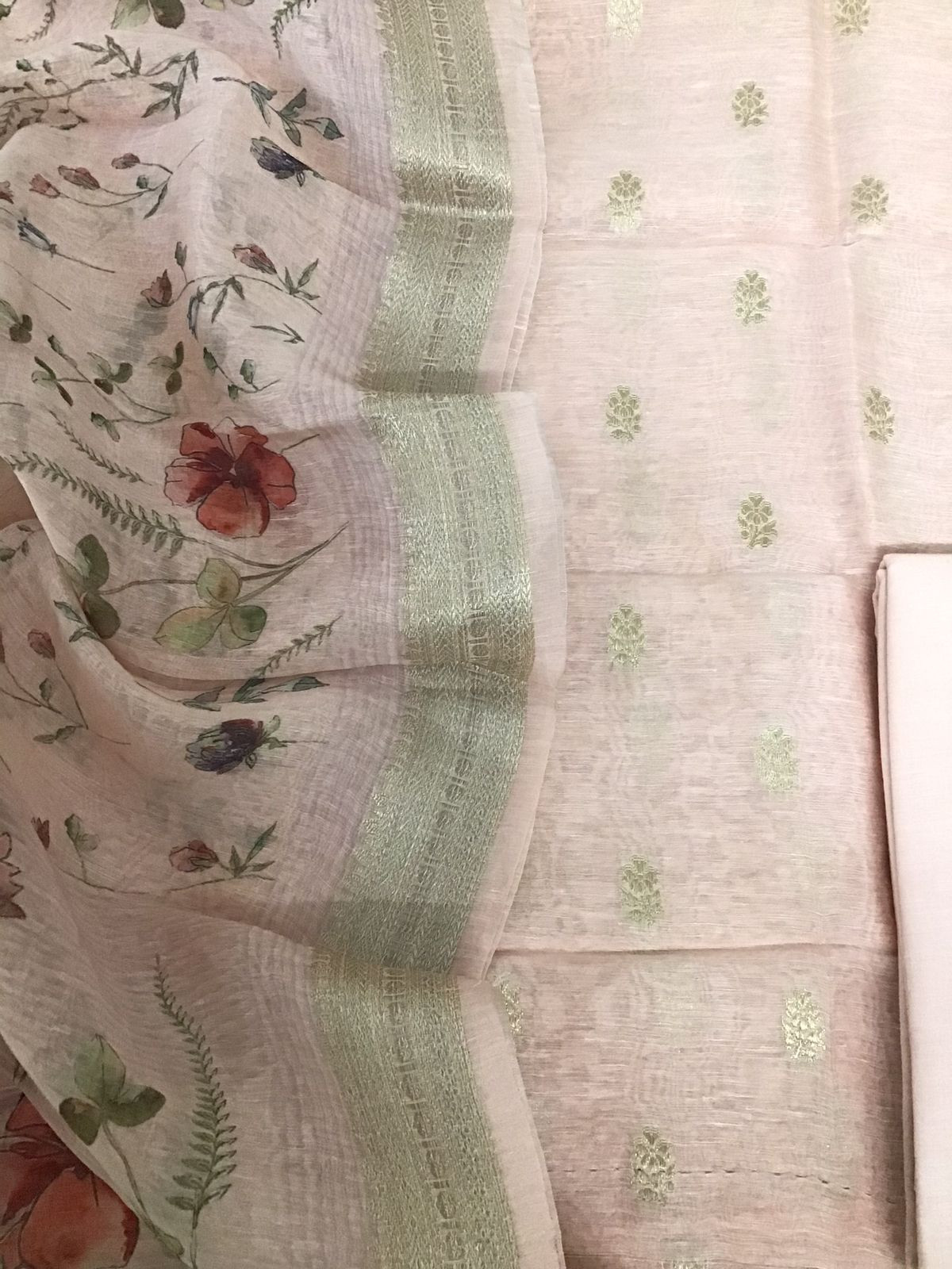 Pure Linen Silk Printed Banarasi Weaved Suit - Pink
