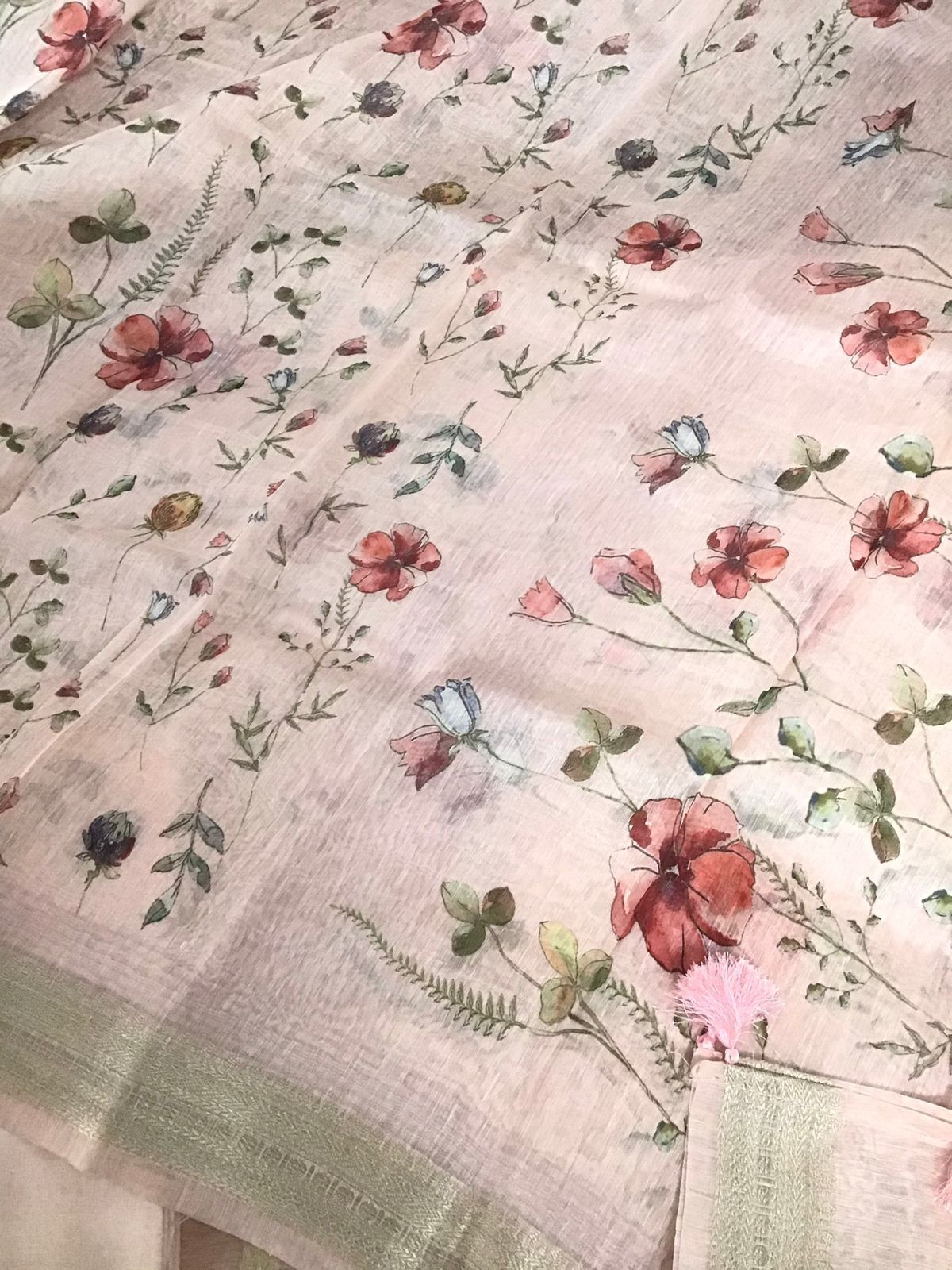 Pure Linen Silk Printed Banarasi Weaved Suit - Pink