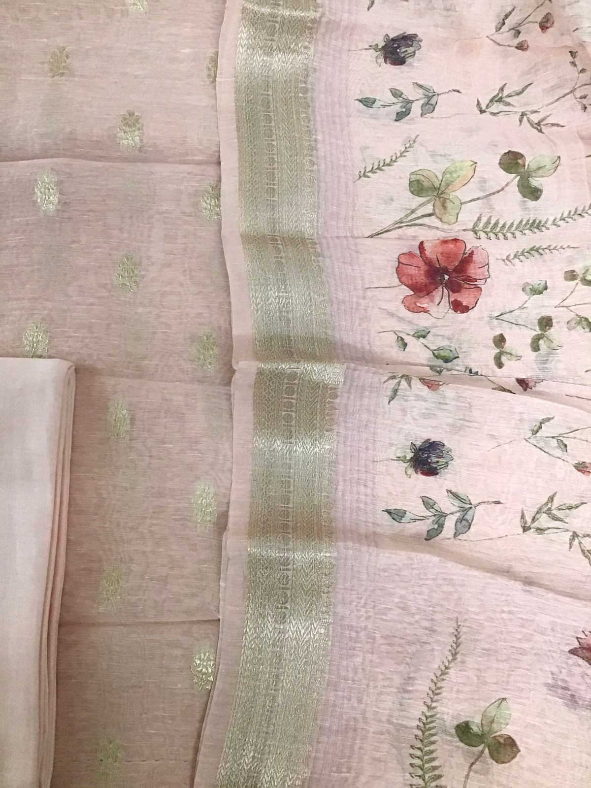 Pure Linen Silk Printed Banarasi Weaved Suit - Pink