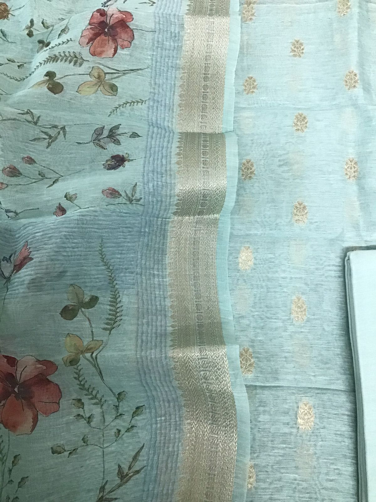 Pure Linen Silk Printed Banarasi Weaved Suit - Blue