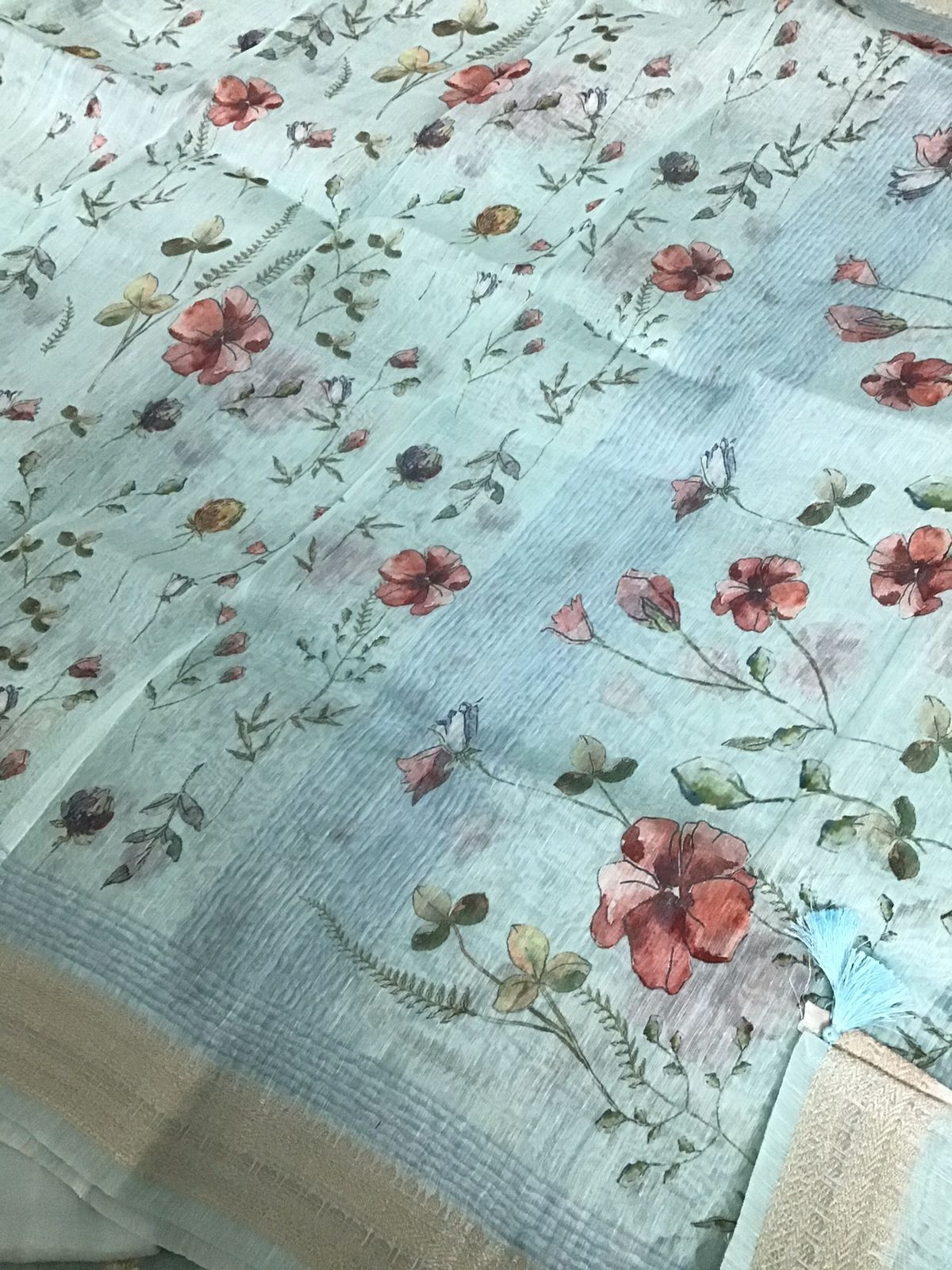 Pure Linen Silk Printed Banarasi Weaved Suit - Blue