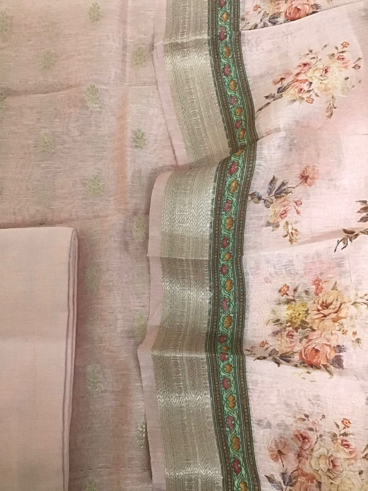 Pure Linen Silk Printed Banarasi Weaved Suit - Pink