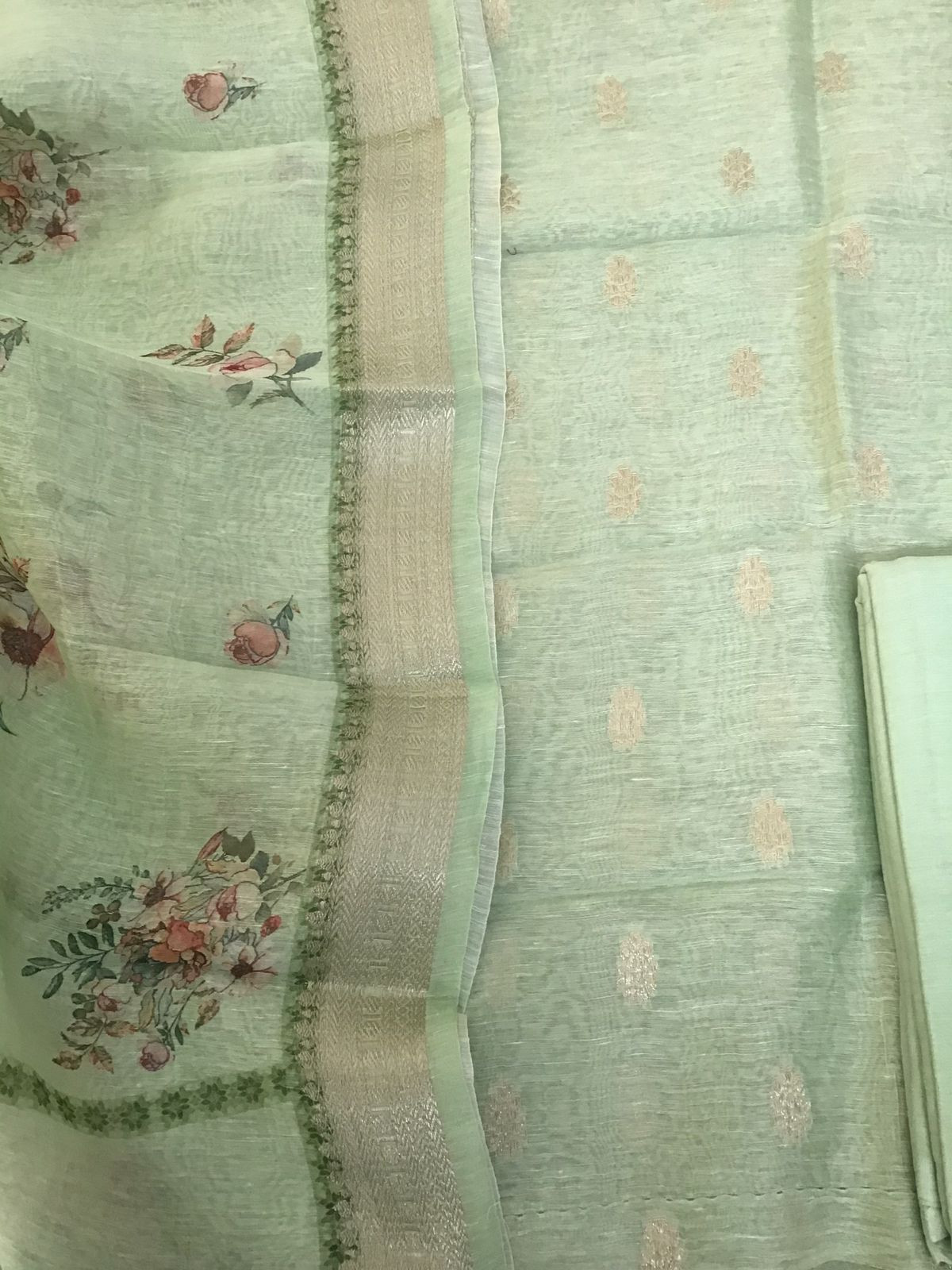 Pure Linen Silk Printed Banarasi Weaved Suit - Green