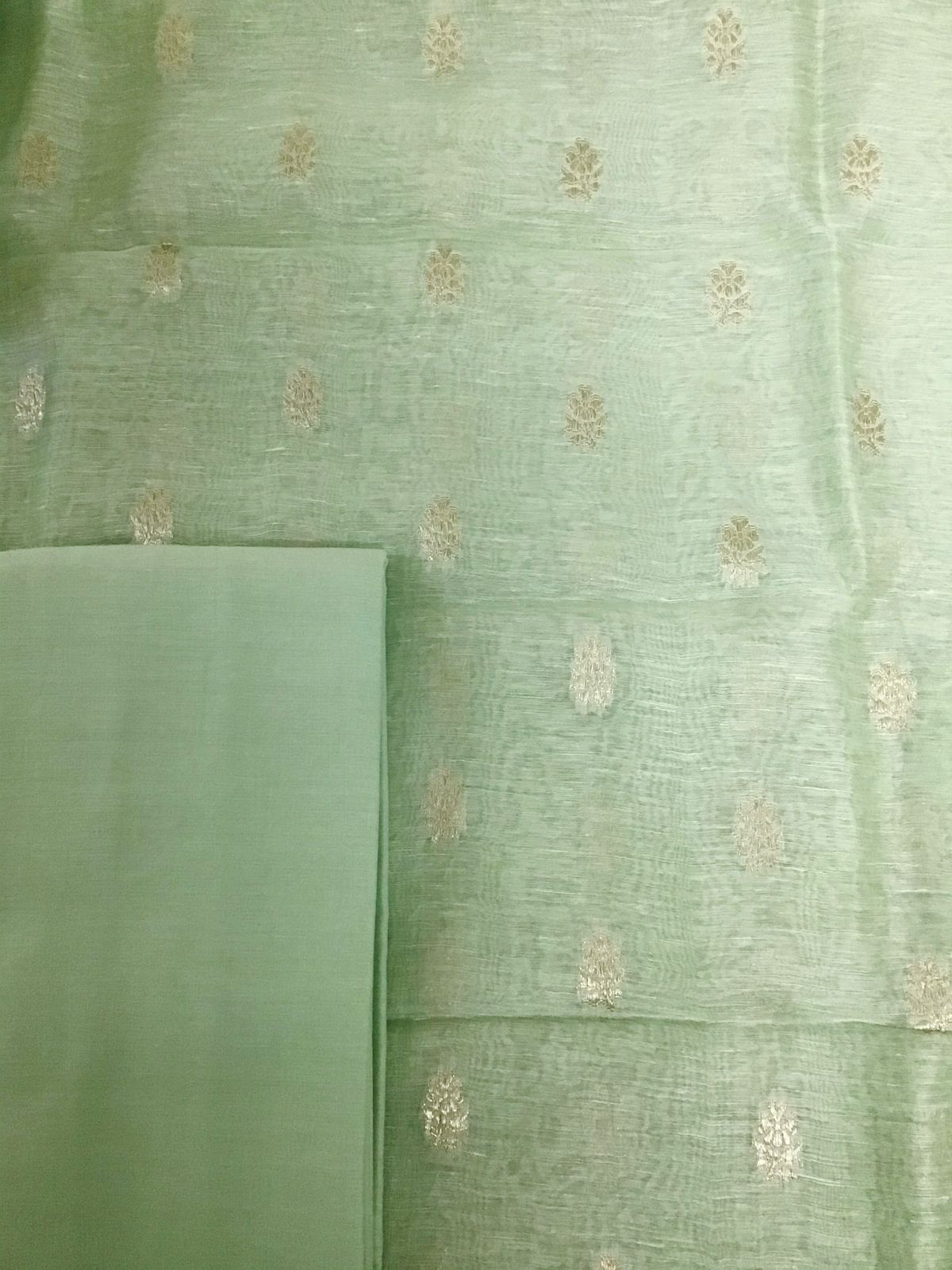 Pure Linen Silk Printed Banarasi Weaved Suit - Green