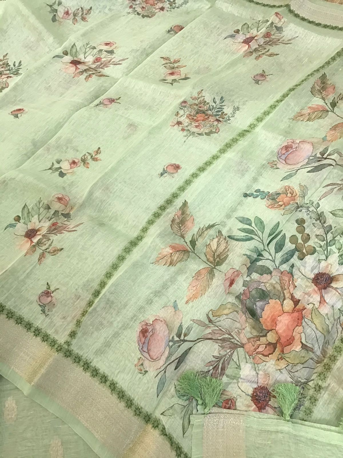 Pure Linen Silk Printed Banarasi Weaved Suit - Green