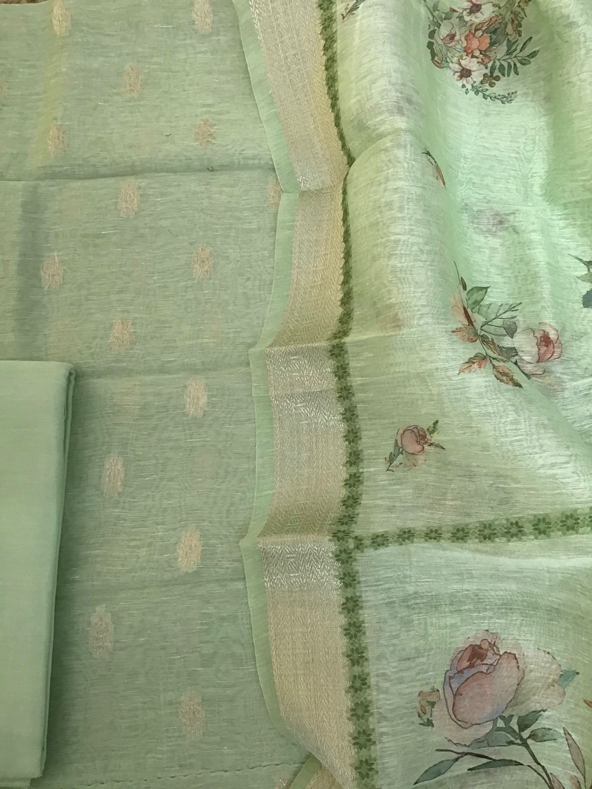 Pure Linen Silk Printed Banarasi Weaved Suit - Green