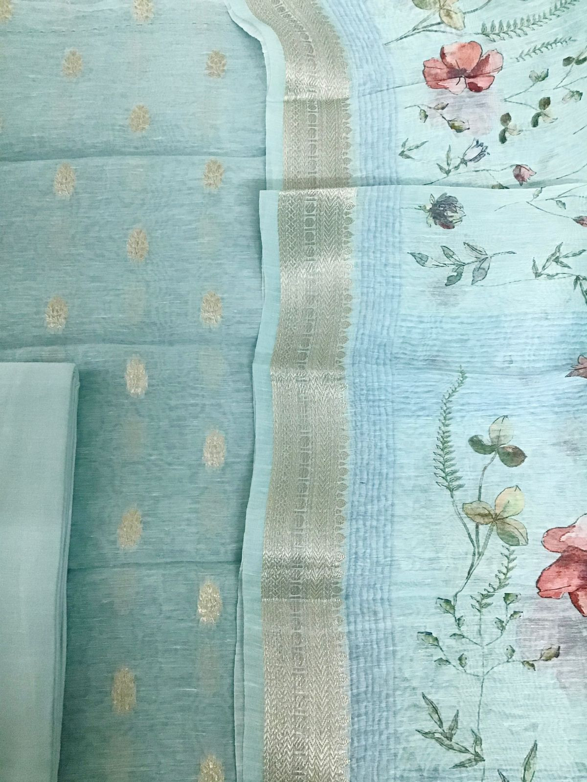 Pure Linen Silk Printed Banarasi Weaved Suit - Blue