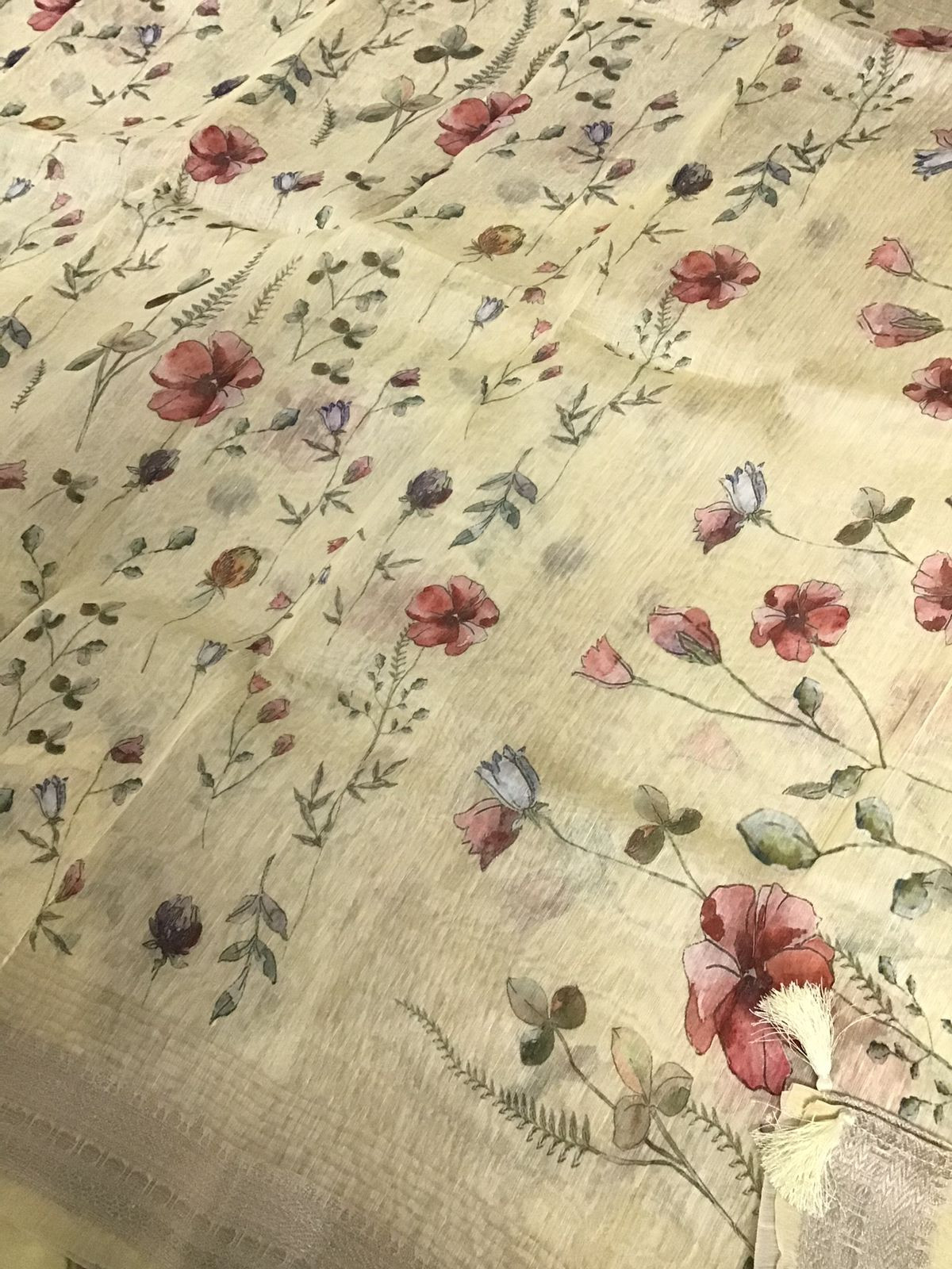 Pure Linen Silk Printed Banarasi Weaved Suit - Yellow