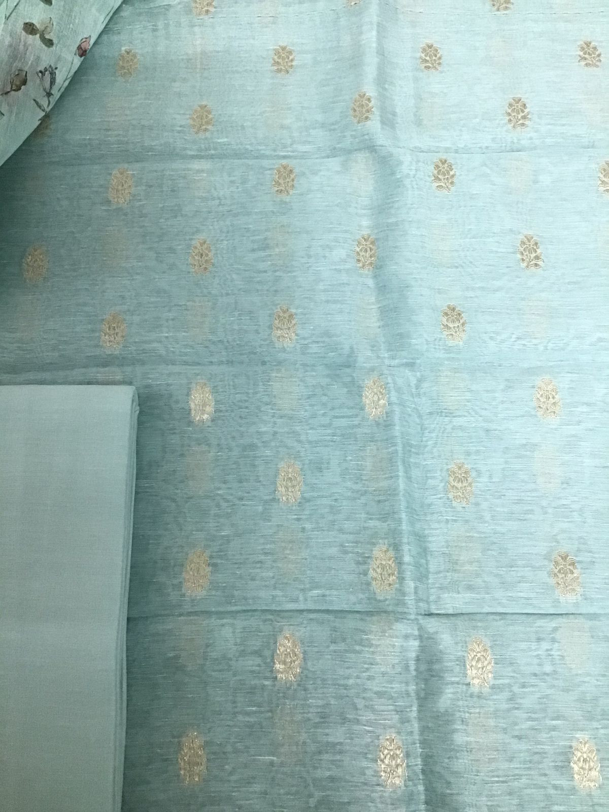 Pure Linen Silk Printed Banarasi Weaved Suit - Blue