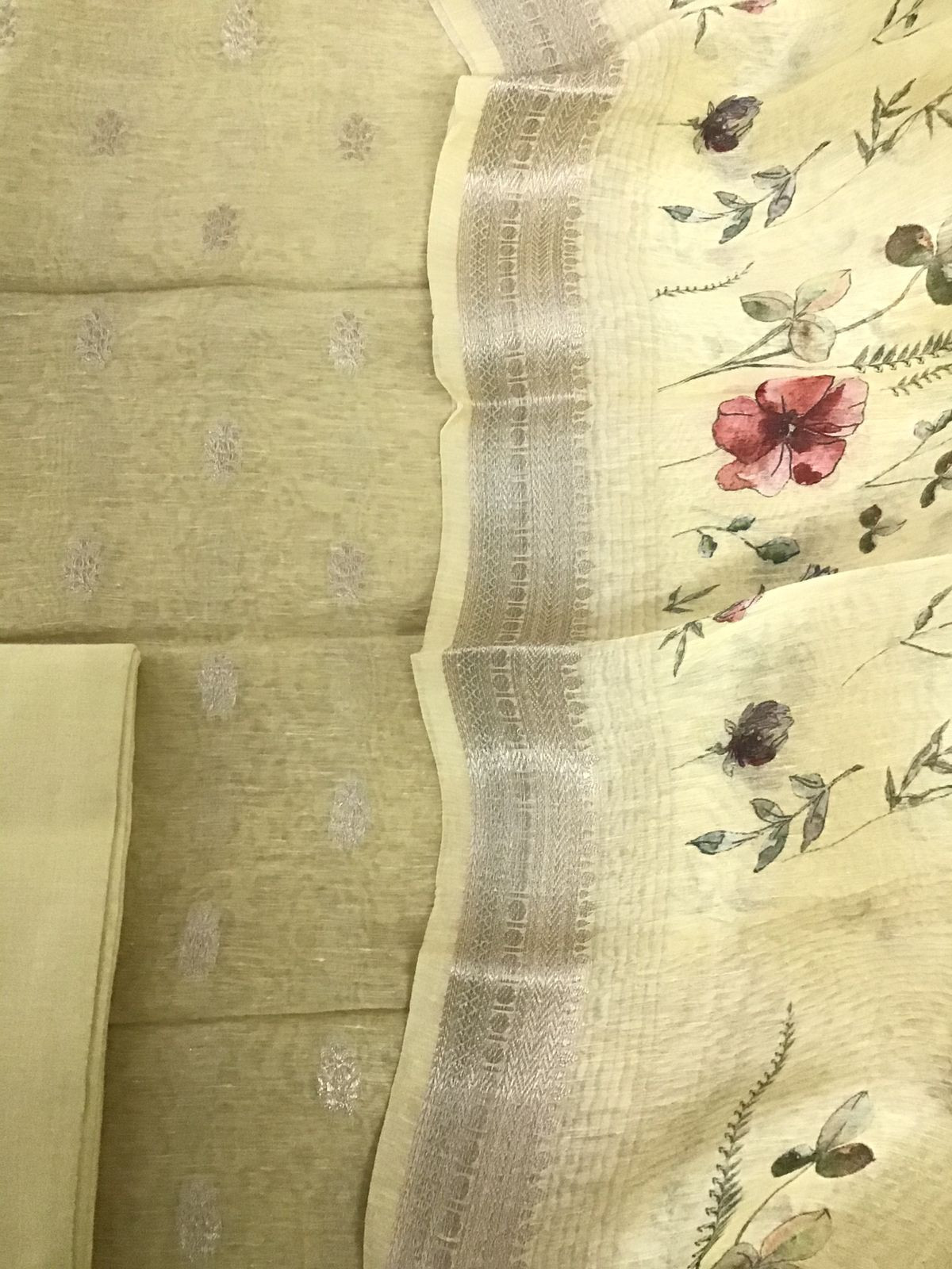 Pure Linen Silk Printed Banarasi Weaved Suit - Yellow