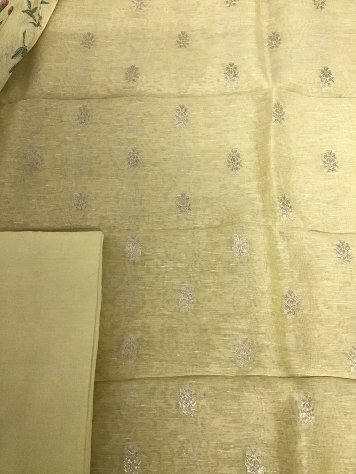 Pure Linen Silk Printed Banarasi Weaved Suit - Yellow