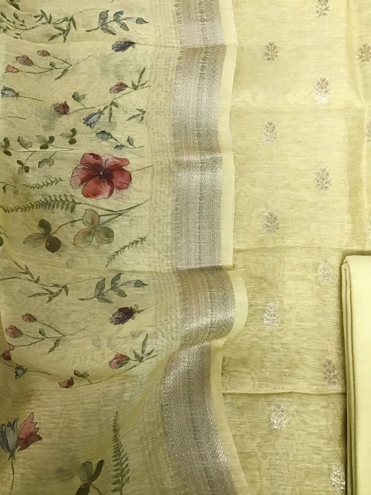 Pure Linen Silk Printed Banarasi Weaved Suit - Yellow