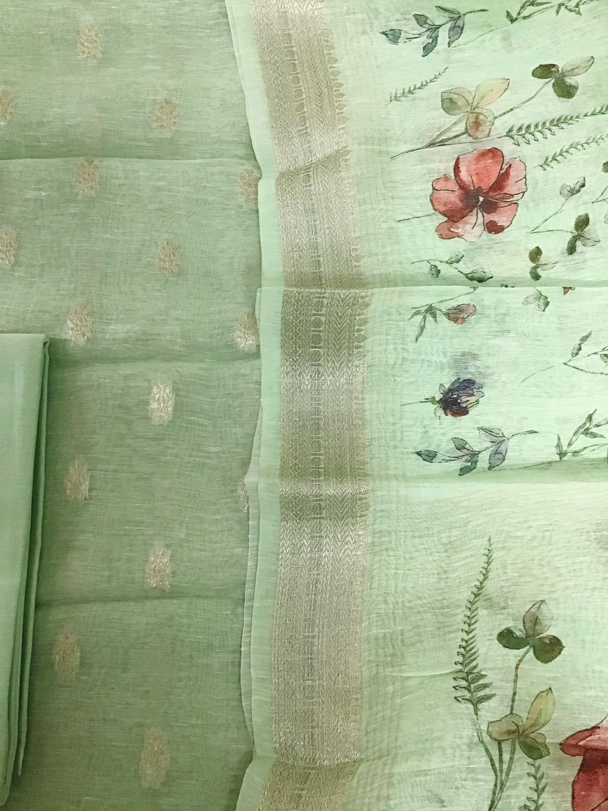 Pure Linen Silk Printed Banarasi Weaved Suit - Green