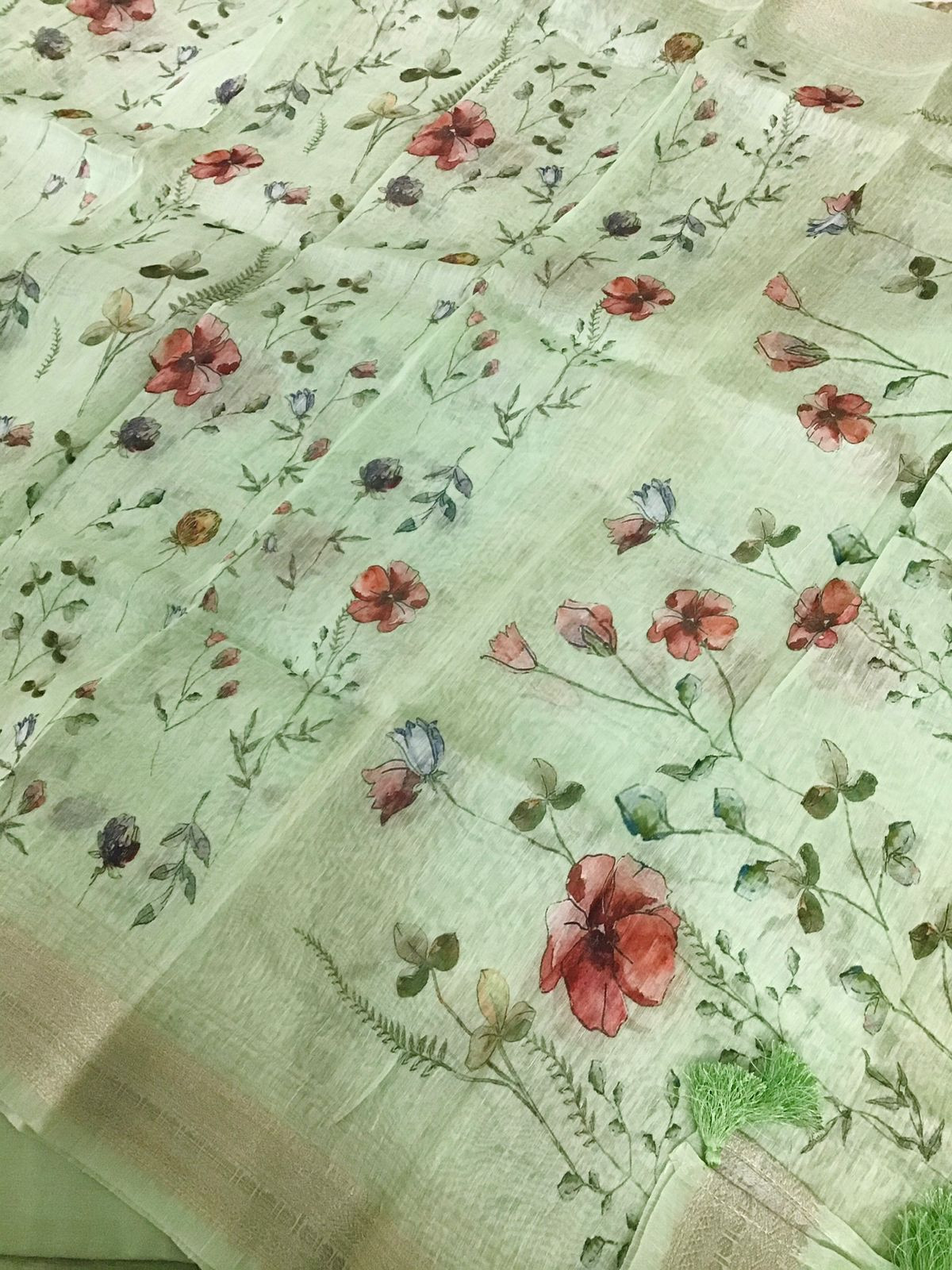 Pure Linen Silk Printed Banarasi Weaved Suit - Green