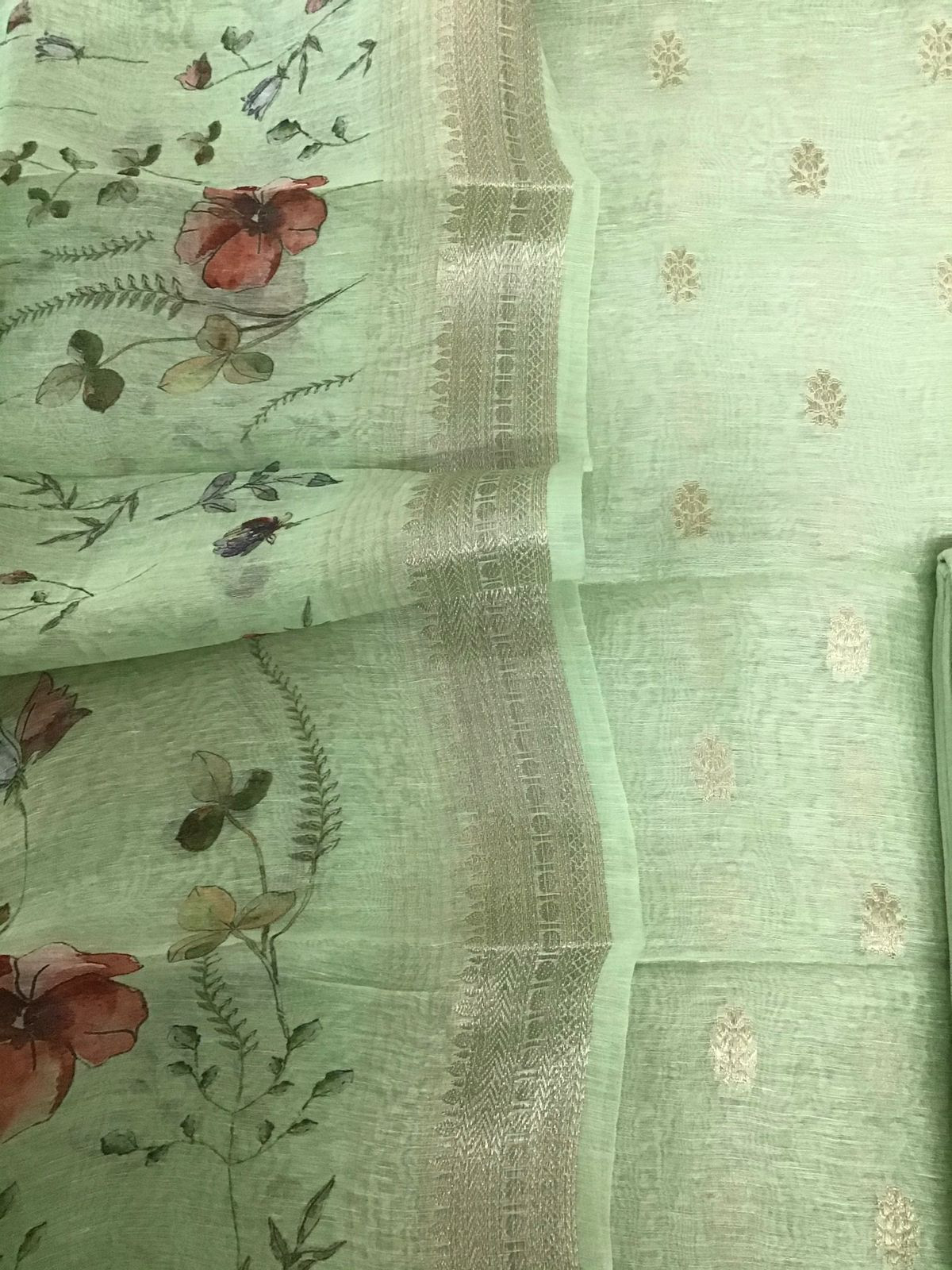 Pure Linen Silk Printed Banarasi Weaved Suit - Green