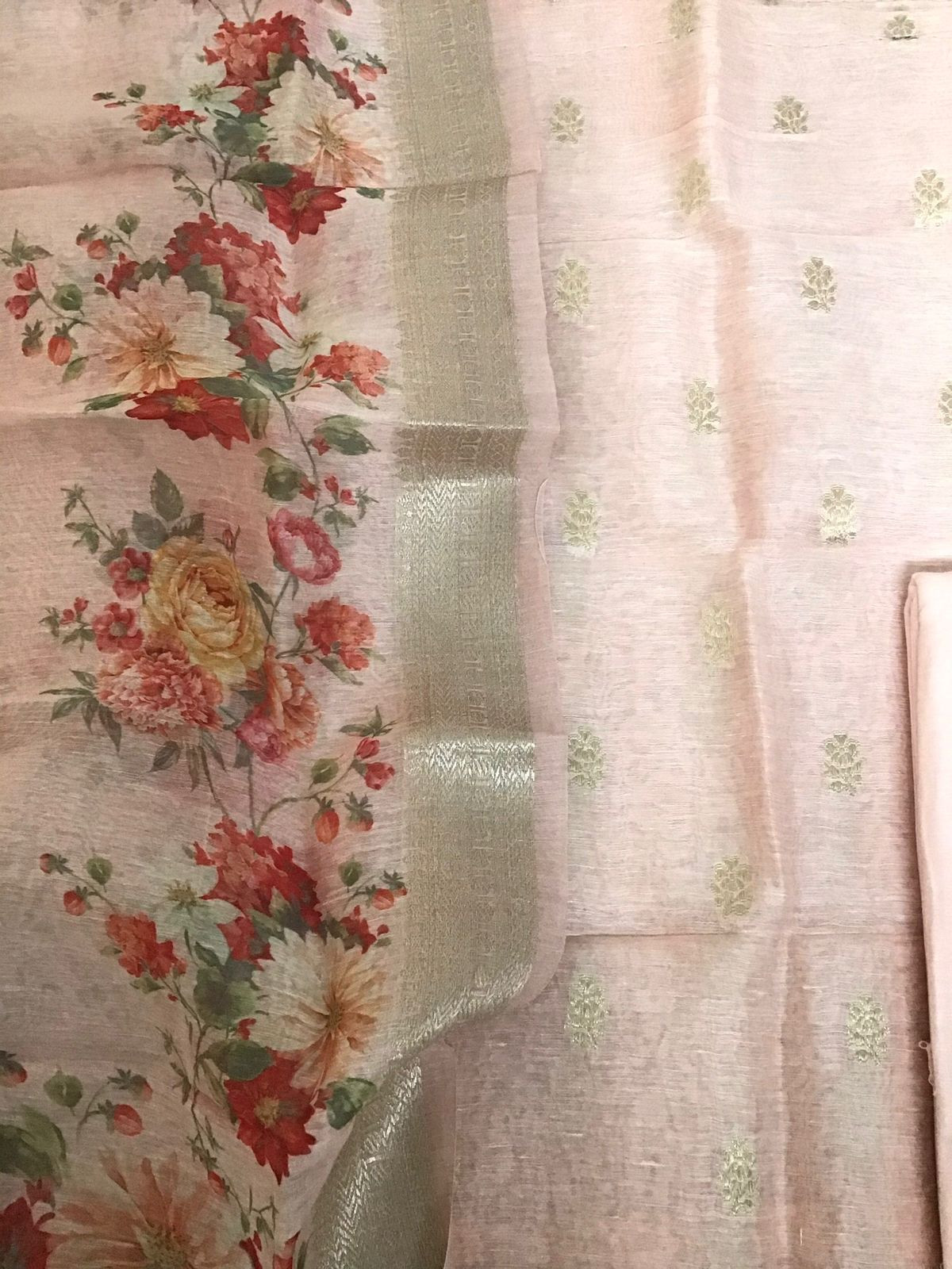 Pure Linen Silk Printed Banarasi Weaved Suit - Pink
