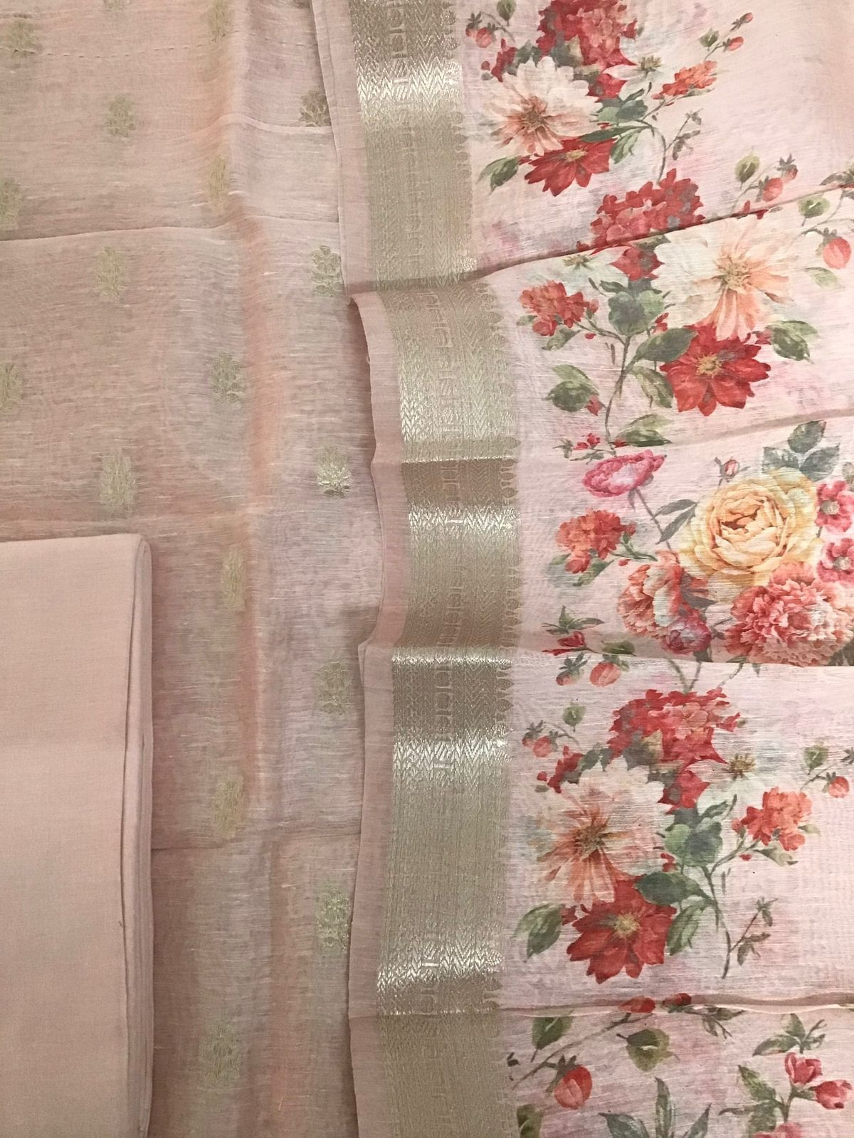 Pure Linen Silk Printed Banarasi Weaved Suit - Pink
