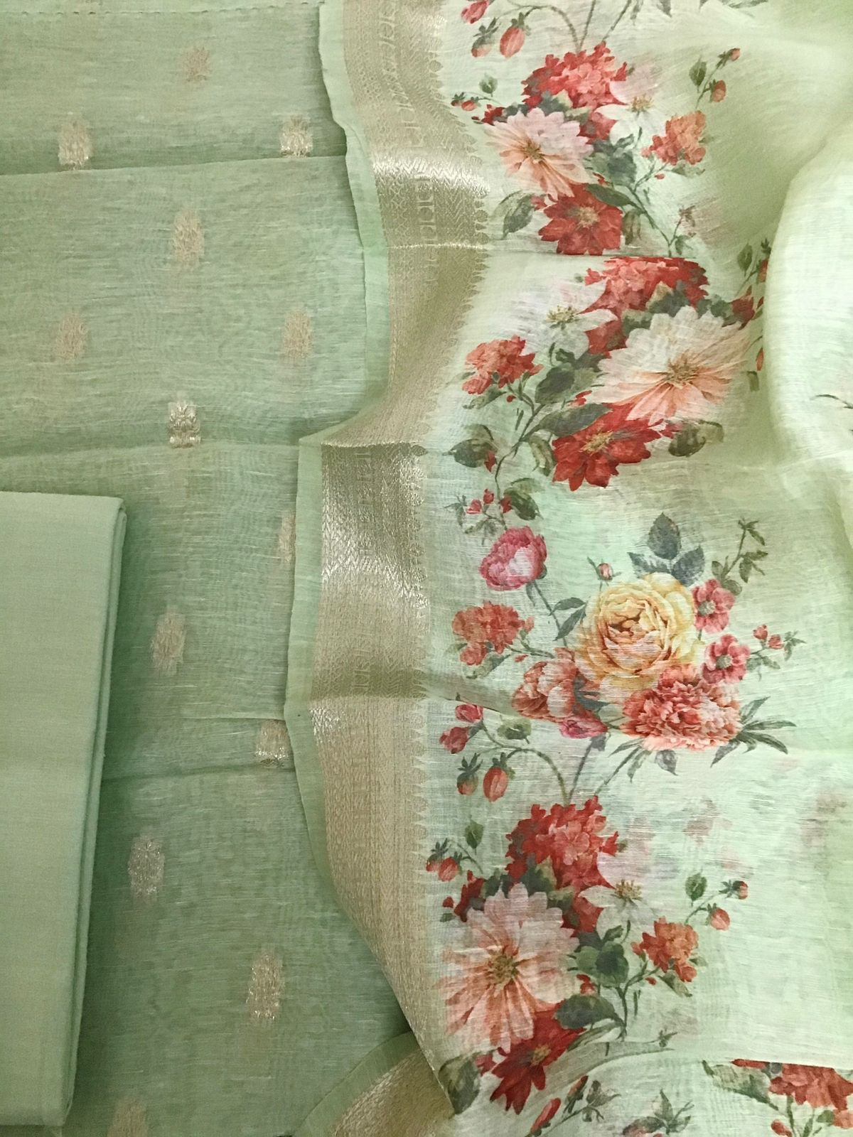 Pure Linen Silk Printed Banarasi Weaved Suit - Green