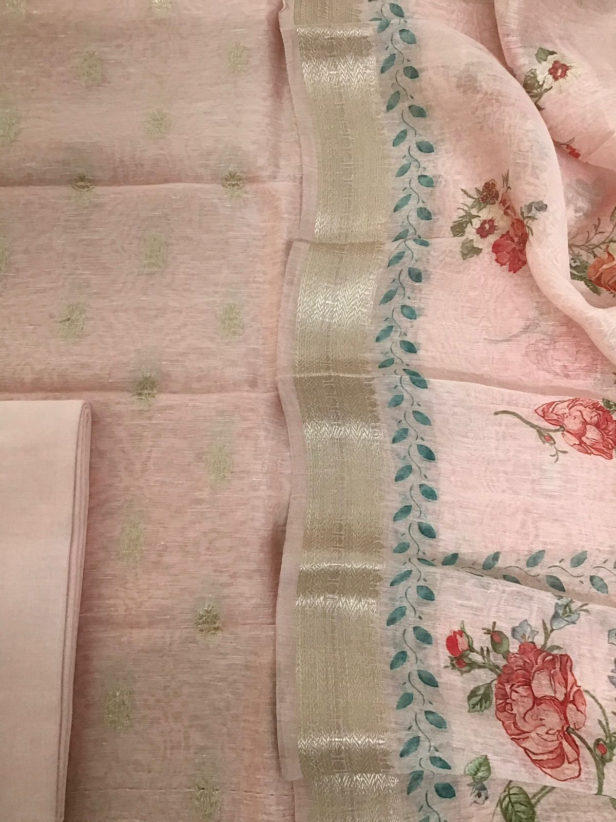 Pure Linen Silk Printed Banarasi Weaved Suit - Pink