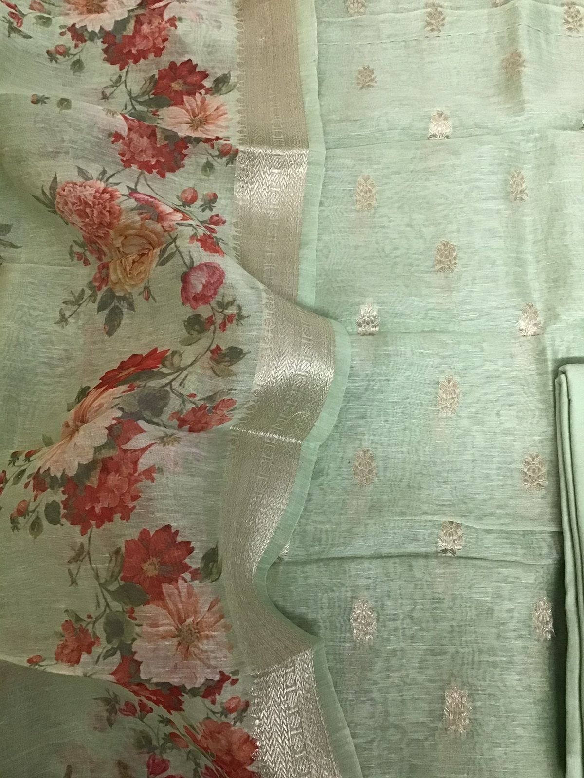 Pure Linen Silk Printed Banarasi Weaved Suit - Green