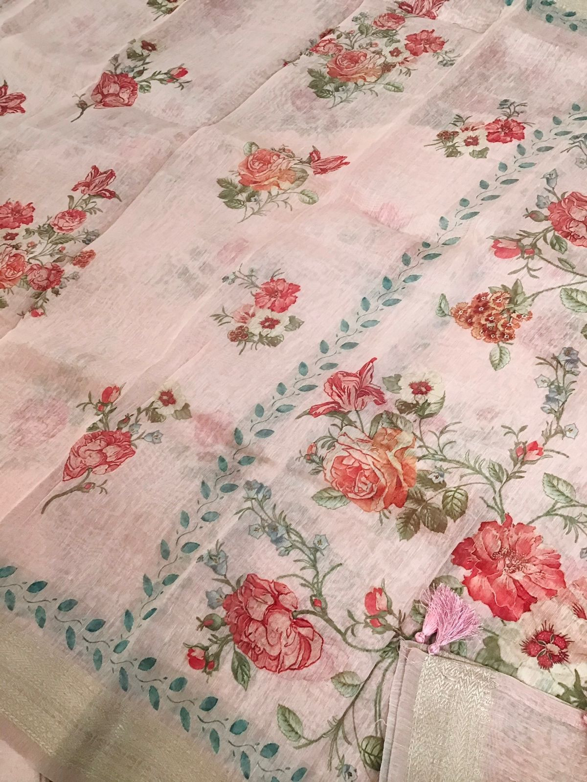 Pure Linen Silk Printed Banarasi Weaved Suit - Pink