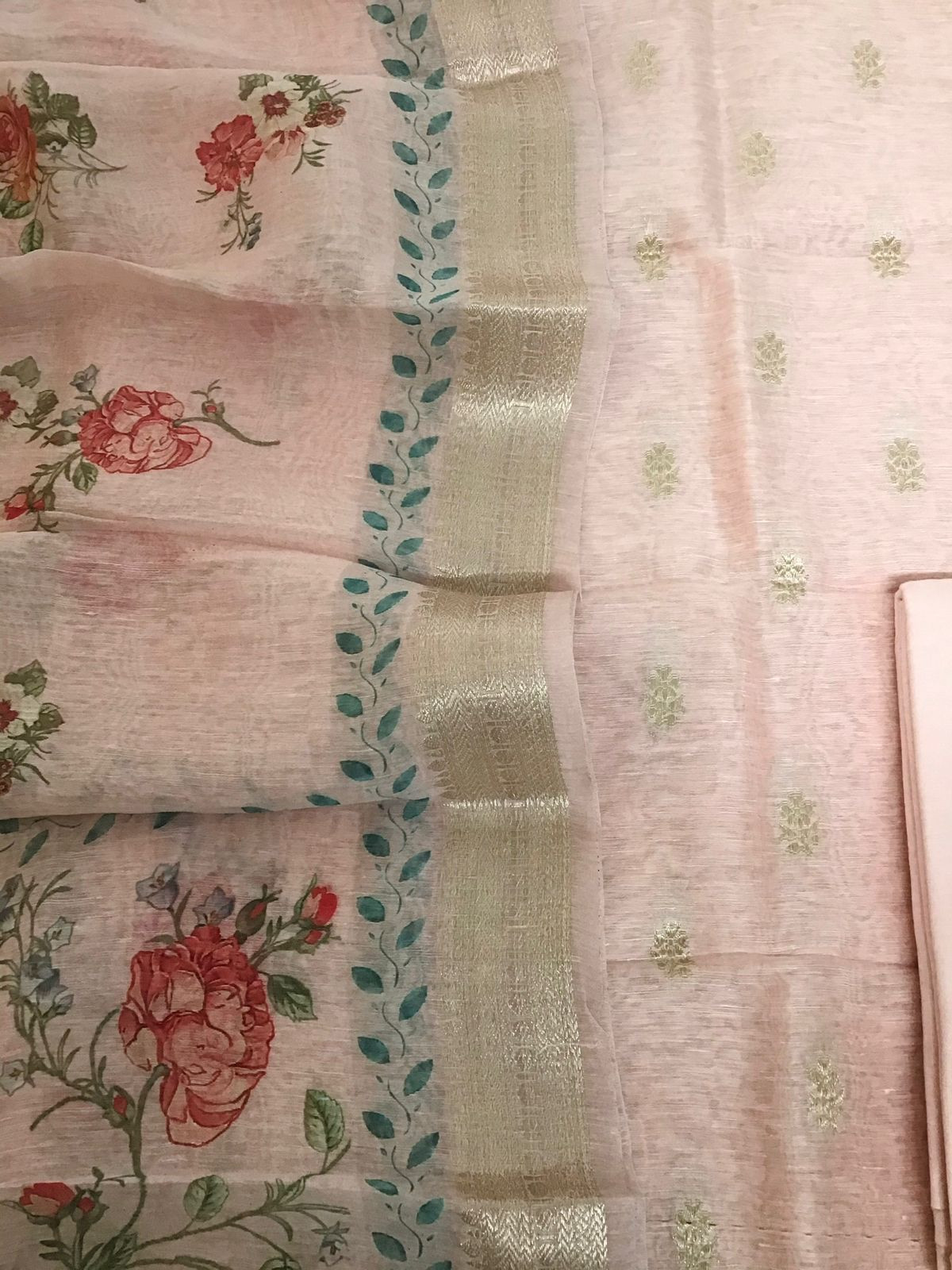 Pure Linen Silk Printed Banarasi Weaved Suit - Pink