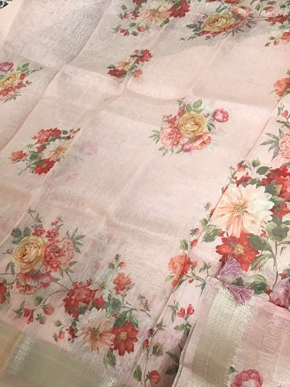 Pure Linen Silk Printed Banarasi Weaved Suit - Pink