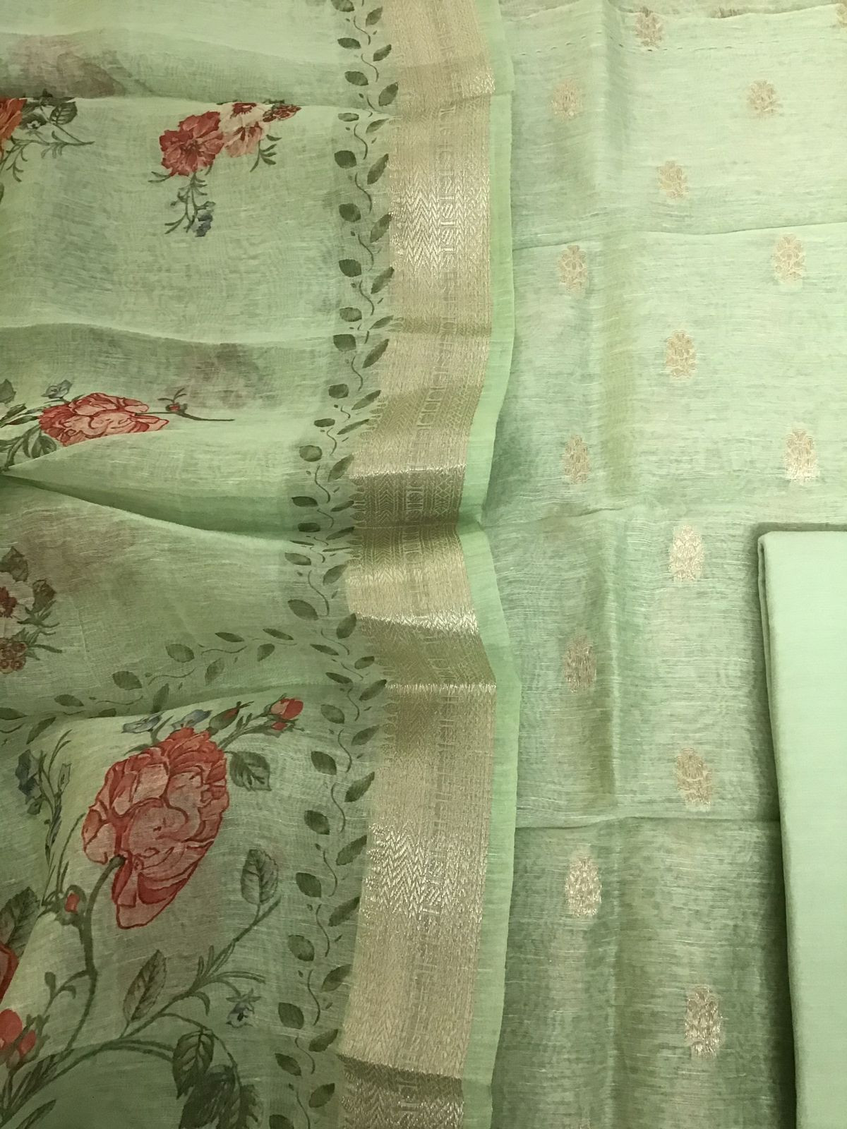 Pure Linen Silk Printed Banarasi Weaved Suit - Green