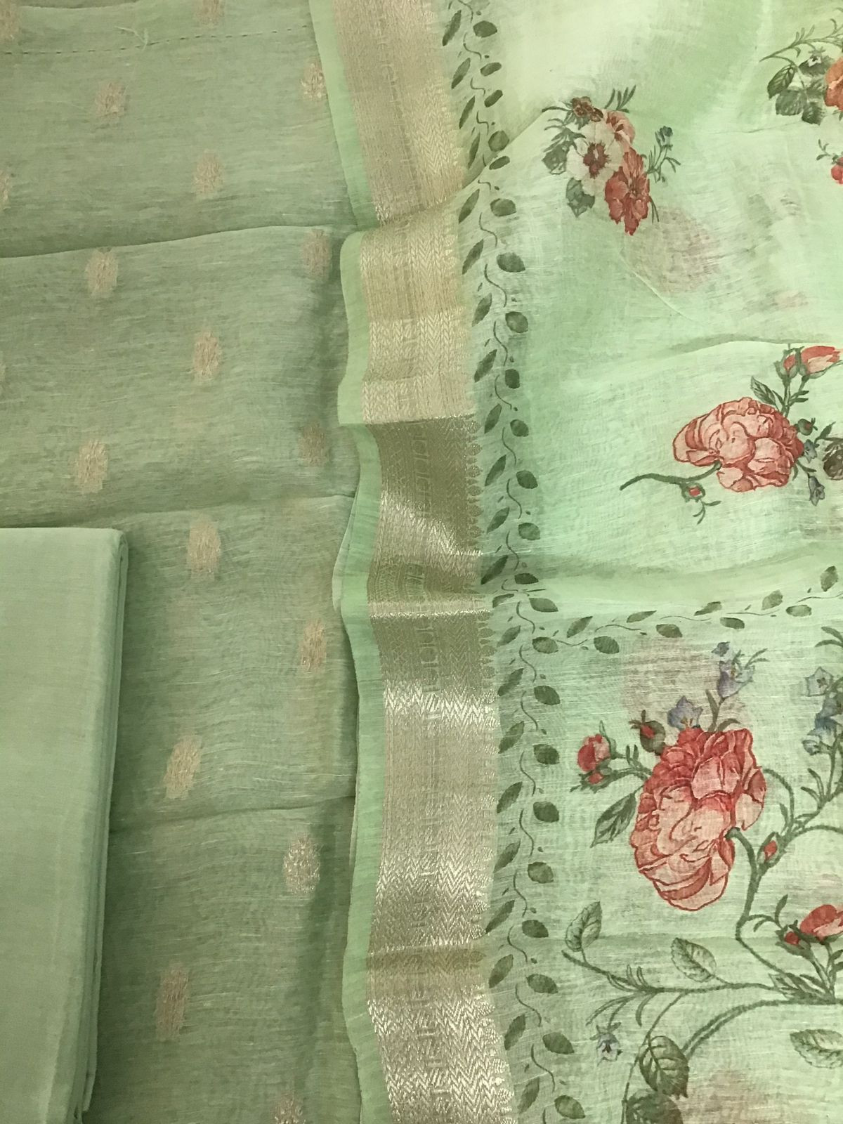 Pure Linen Silk Printed Banarasi Weaved Suit - Green