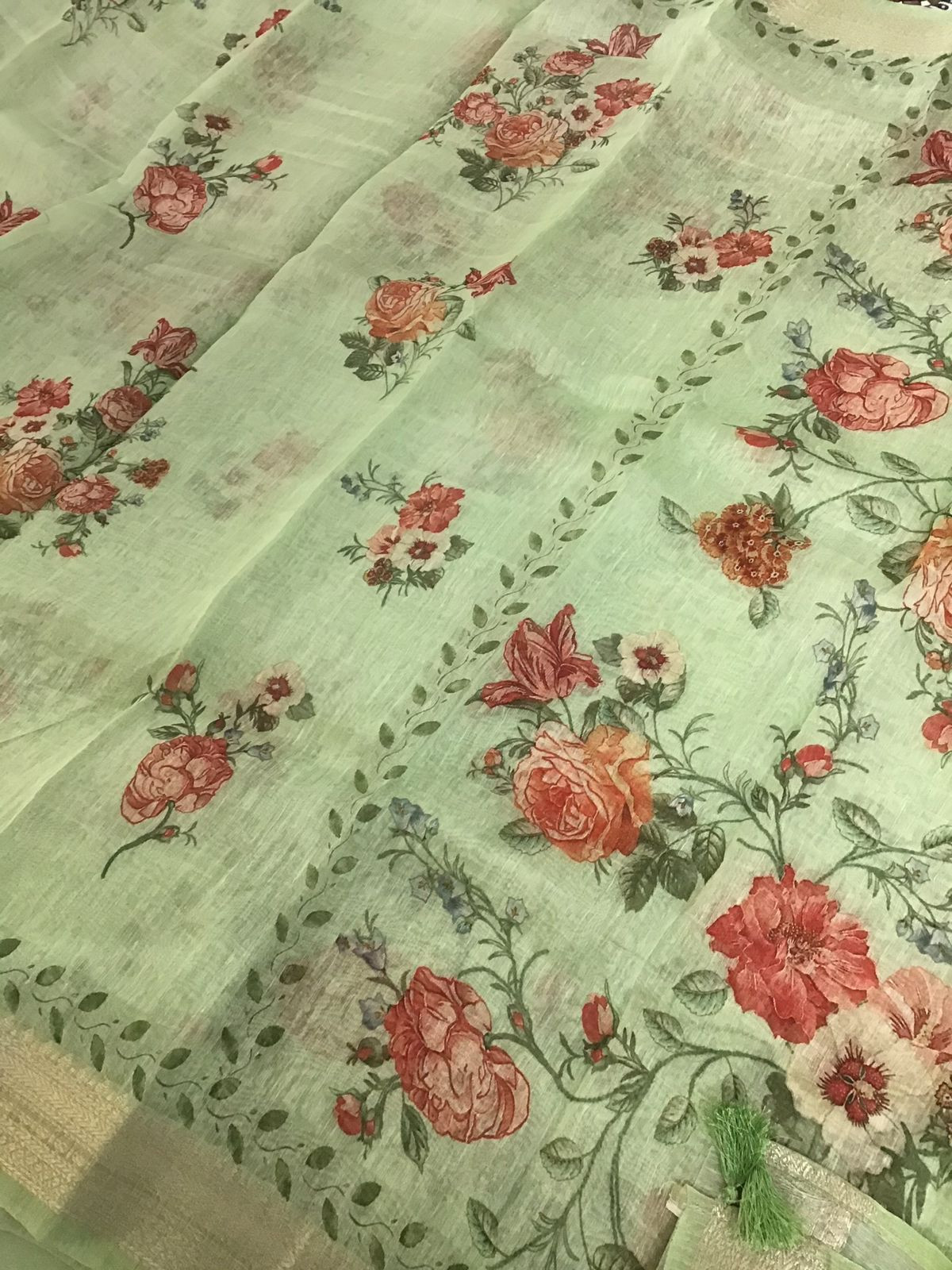 Pure Linen Silk Printed Banarasi Weaved Suit - Green