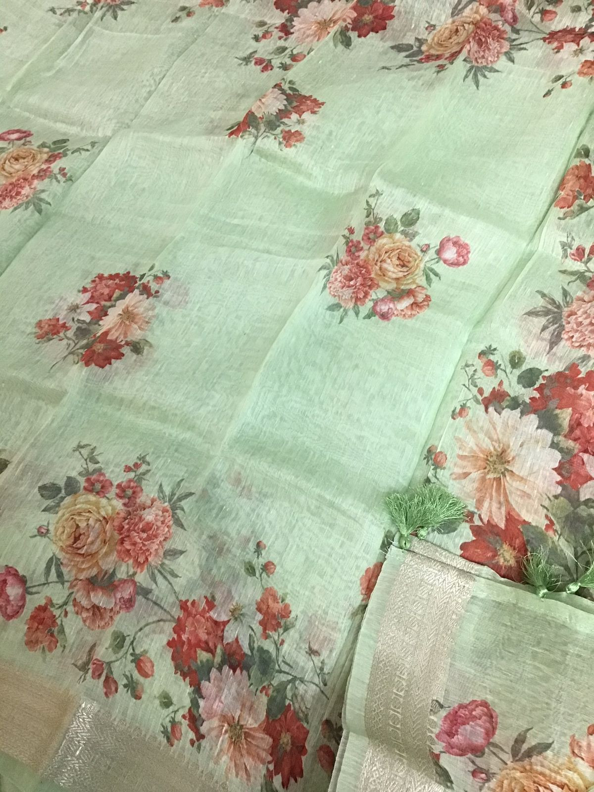 Pure Linen Silk Printed Banarasi Weaved Suit - Green