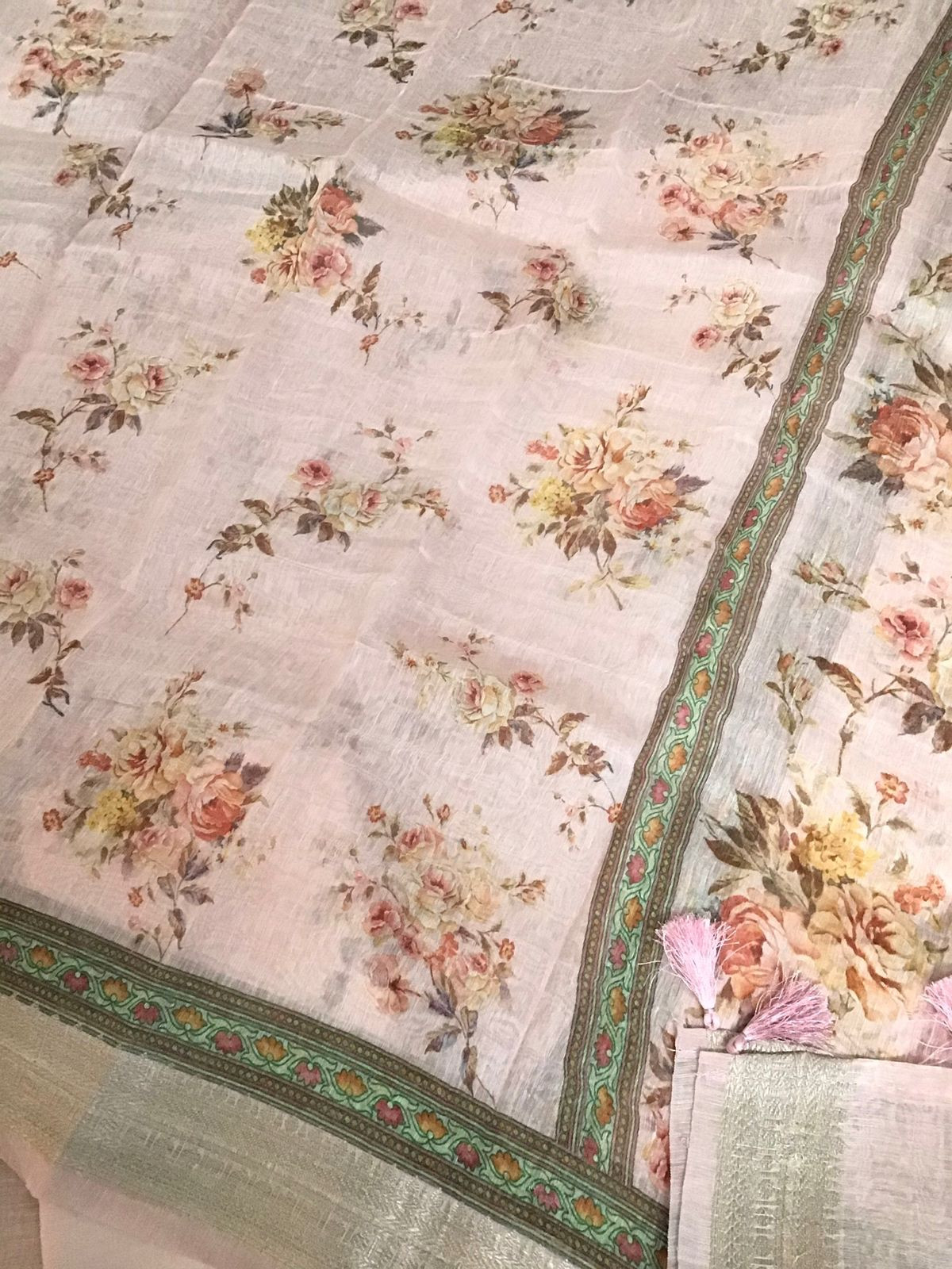 Pure Linen Silk Printed Banarasi Weaved Suit - Pink