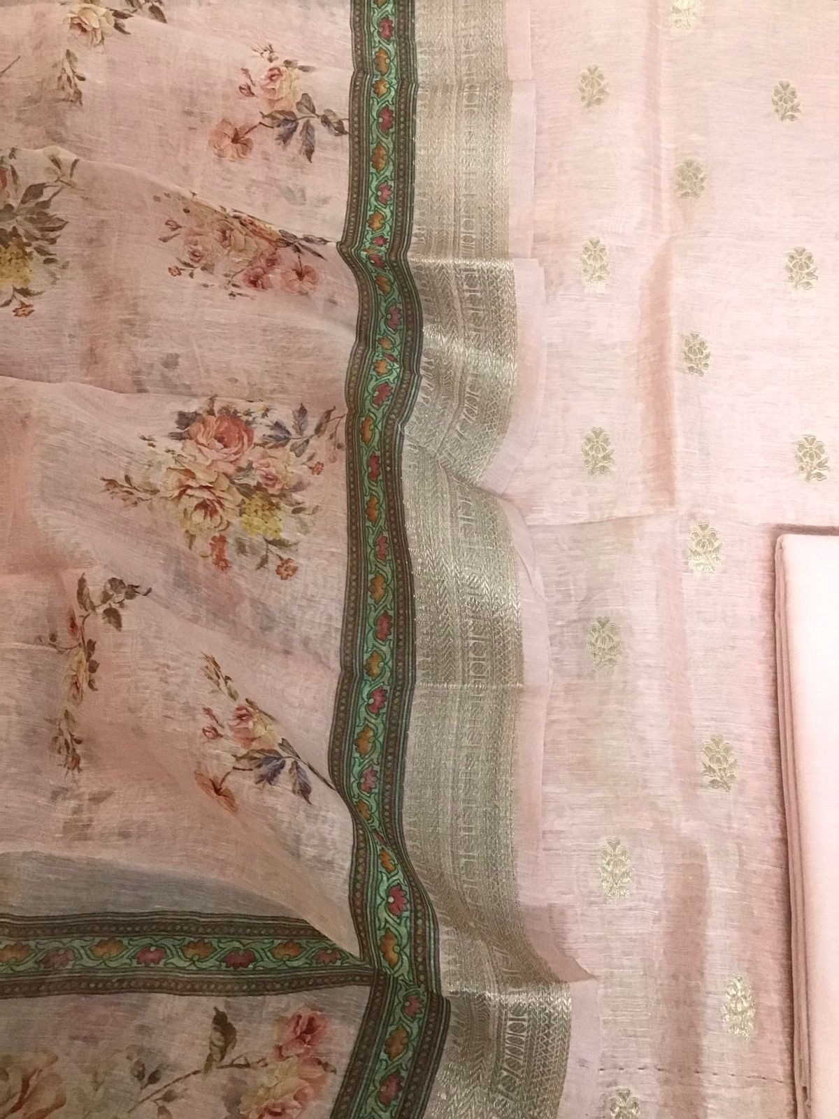 Pure Linen Silk Printed Banarasi Weaved Suit - Pink